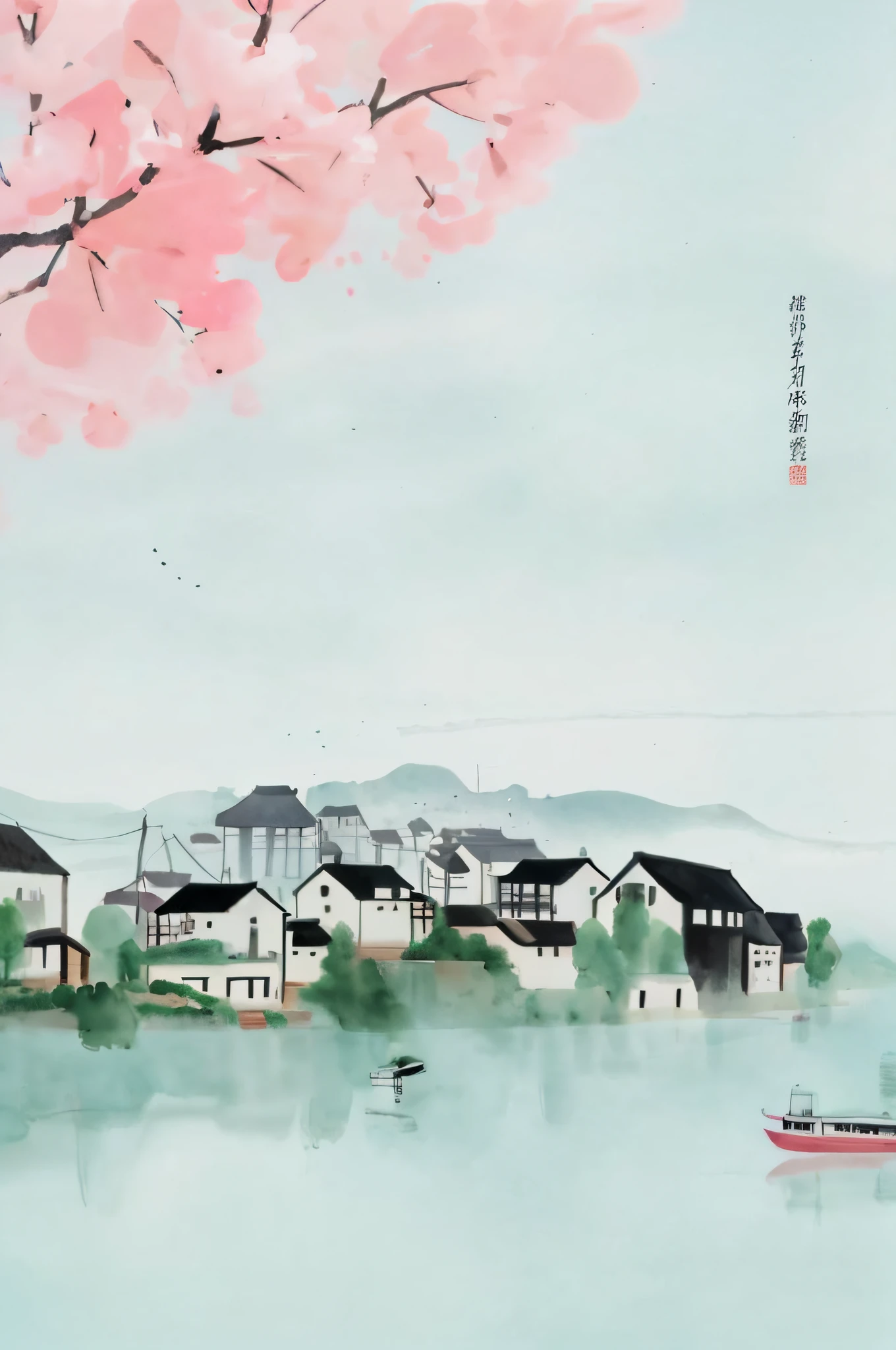 There is a painting，The painting is a boat with a tree in the water, dreamy Chinese towns, chinese watercolor style, Inspired by Wu Guanzhong, japan watercolour, blurry and dreamy illustration, blurry and dreamy illustration, Watercolor illustration style, dreamy illustration, illustration!, painting illustration, a beautiful artwork illustration, author：Xia Gui, illustration, author：Cheng Jiasui