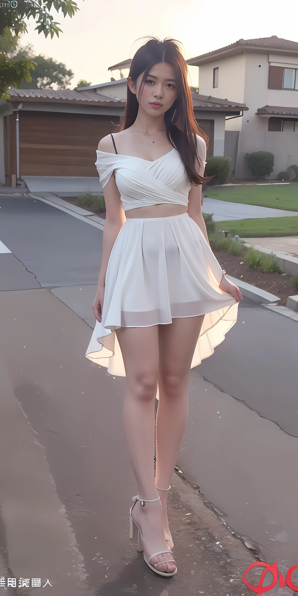 mix4, 20d, solo dance, long strip_Hair, Battle Robe, White dress, High_Heels,Full_body, Look_in the_peeping at the viewer, (8K, OriginalPhoto, 品质最佳, mastery:1.2), (Realistic, photo-realistic:1.37), Professional lighting, photon maping, radiosity, phisically-based render,zona rural