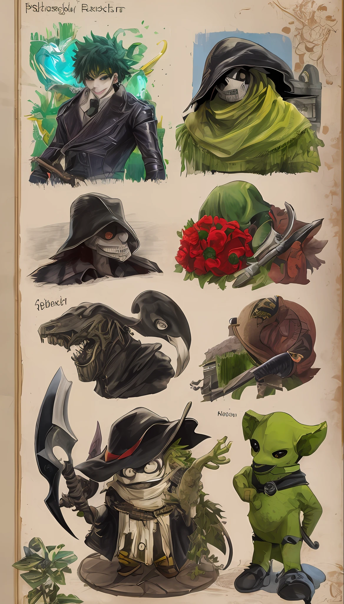 "masterpiece, best quality, ultra-detailed, digital painting, grim reaper, Izuku Midoriya, plague doctor's clothes, scythe, cemetery, crimson moonlight"