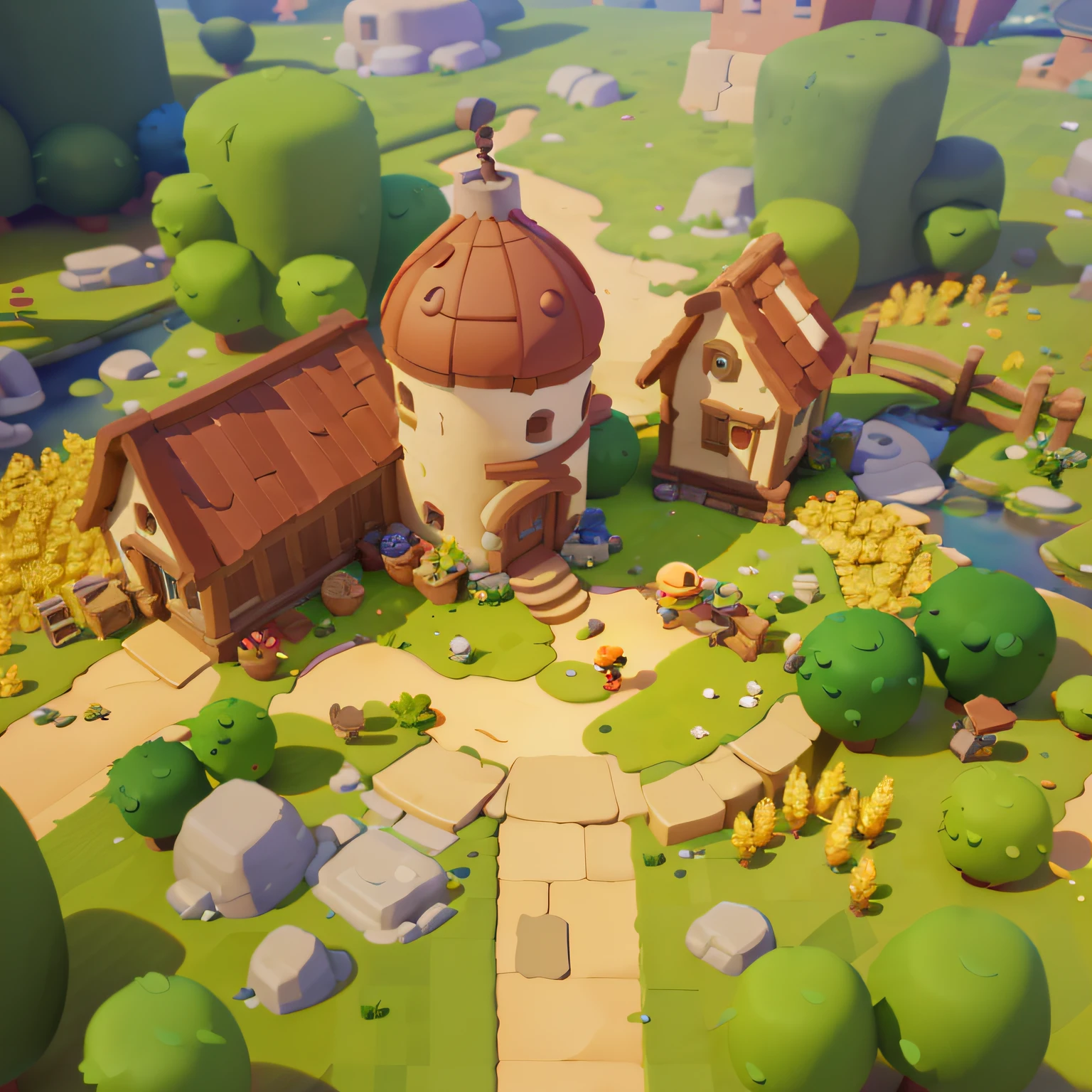 Game architecture design, cartoon, farm, stone, brick, grass, river, flowers, vegetables, wheat, trees, animals, casual play style, 3d, blender, masterpiece, super detail, best quality