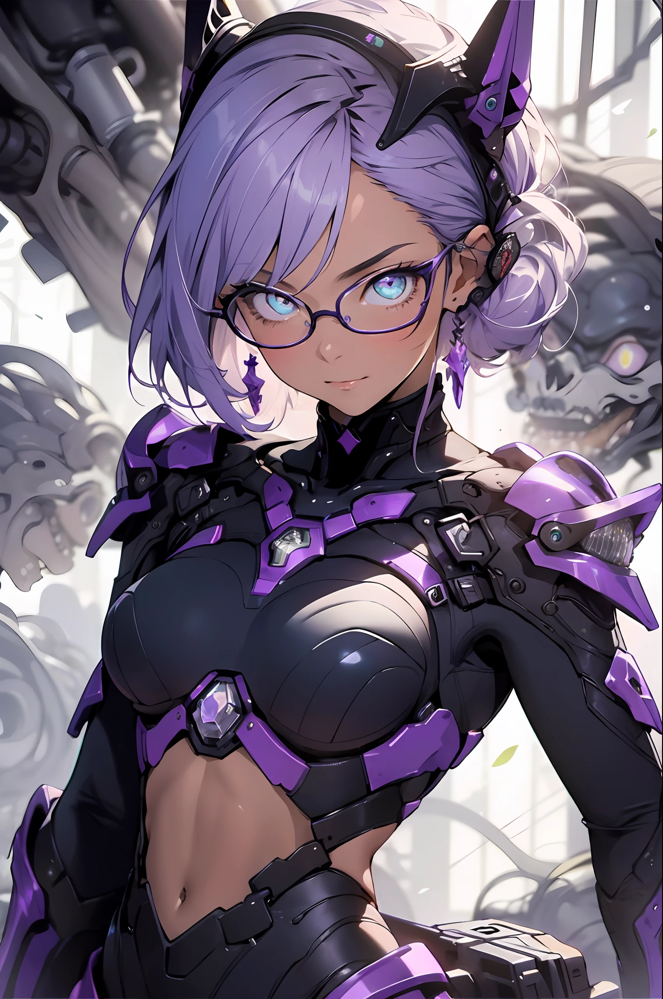 make realistic，（nmasterpiece，top Quority，最佳质量，offcial art，Beauty and aesthetics：1.2），Heavily detailed，s fractal art，Colorful，Most detailed，zentangle，（Abstract background：1.5）（1girls），Kamimei，eye glass，purple color  hair，（length hair），（Glowing blue eyes），largebreasts，Abs，mistic，(enchanted)，crystal，high leotard，sexly，machine armor