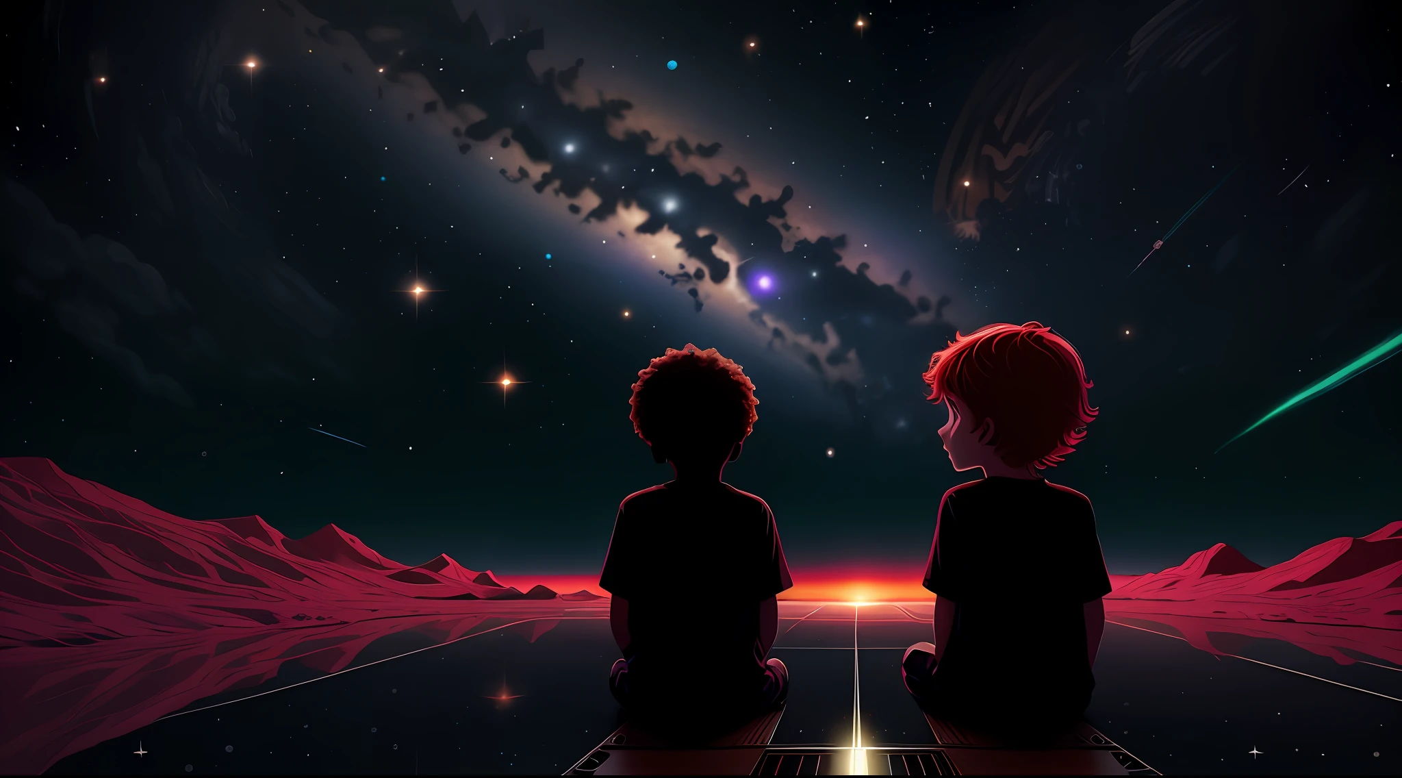 1 child black man, 1 child red-haired woman, floating in deep black space in the direction of a gigantic, lua desolada, View from a bright and technologically advanced spacecraft. Embutidos no vidro da nave, There are bright neon details reflecting on children's faces, their curious and excited expressions as they stare at the stars.