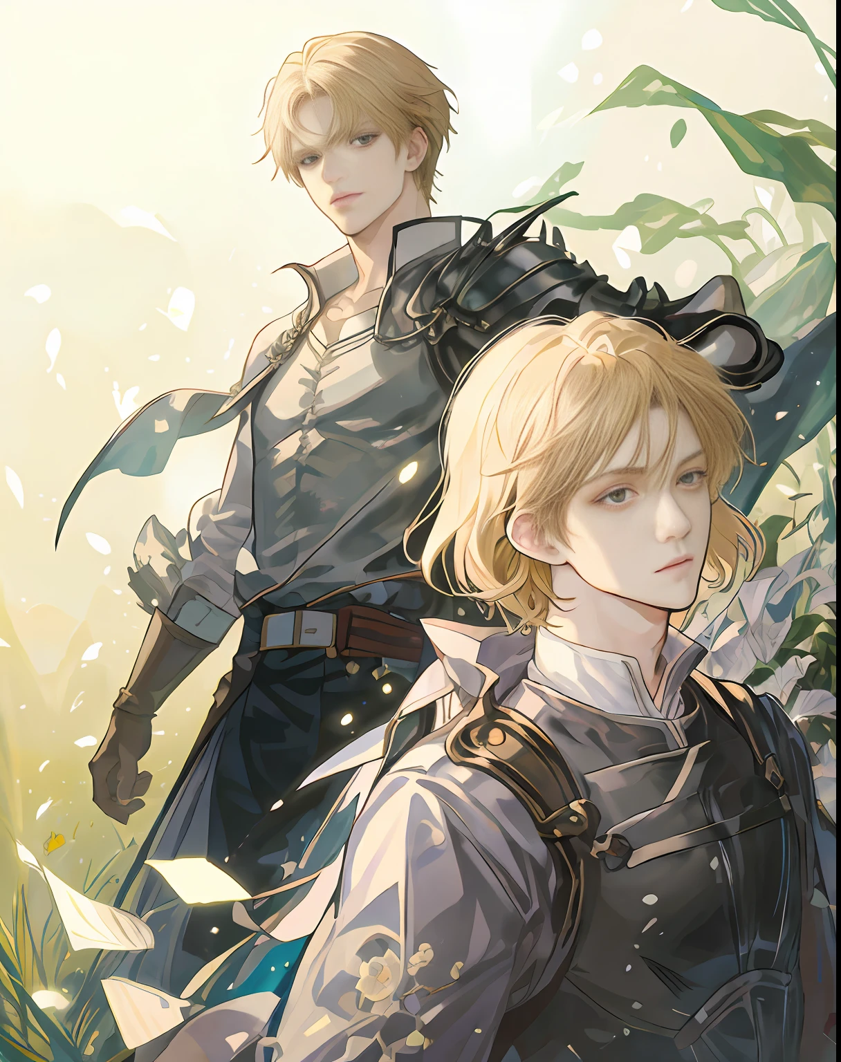 ((the best quality、A masterpice))、(Two handsome men)、Blonde beautiful man wizard、Middle-aged man with short black hair wearing black armor、epic anime style、Comic art、sirius a and sirius b、high quality fanart、Inspired by Kentaro Miura、detailed fan art、Akihiko Inoue and Rostran、particle、grass field、Tuuli、florals、simple background、Uses backlight and rim light