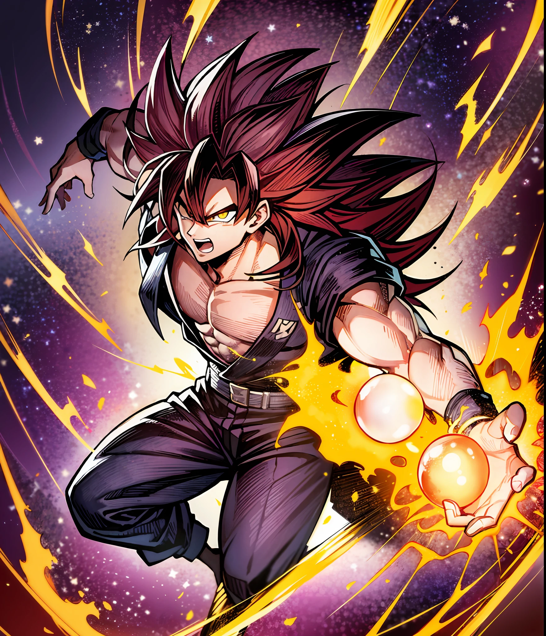Of course! Here's a prompt with Goku Super Saiyan wearing a red and black outfit, junto com alguns detalhes adicionais:

"Describe an epic scene in which Goku, no auge do seu poder, transforms into a Super Saiyan and is wearing a red and black battle suit. Your hair is a burning flame of golden energy, glowing brightly as he unleashes all his power. Seus olhos brilham com uma aura feroz e determinada.

Goku is surrounded by a pulsating red and black aura, que se estende em torno dele como chamas. Enquanto ele se move, as faixas vermelhas e pretas em sua roupa parecem se misturar, creating a mesmerizing pattern that accompanies your rapid movements.

The ground shakes beneath his feet as he prepares to attack. He raises his arms and forms a ball of golden energy between his palms. A bola de energia cresce rapidamente, liberando ondas poderosas de ki, sweeping the area around Goku.

Com um grito ensurdecedor, Goku dispara o poderoso ataque, launching him towards a colossal enemy. The energy ball flies through the air at an incredible speed, Leaving a trail of destruction in its path. Quando atinge o alvo, A burst of red and black energy erupts, illuminating the sky like a blazing sun.

Goku pousa graciosamente no solo, sua aura brilhante diminuindo gradualmente. Ele olha para o horizonte, knowing that your work is not yet complete. With renewed determination, He prepares for the next challenge, ready to protect the universe with his unparalleled power as the legendary Super Saiyan in red and black clothes."