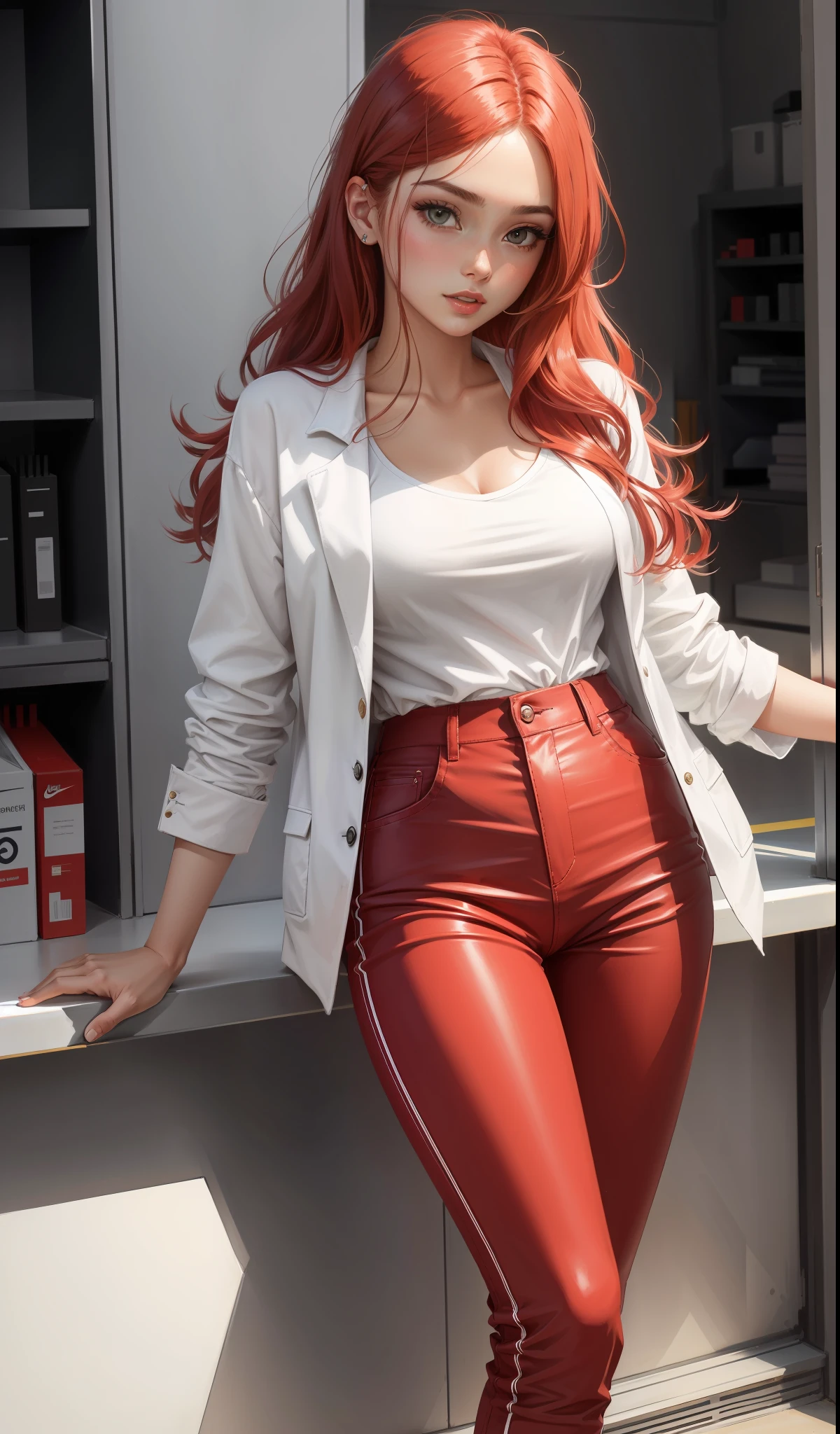 a woman in a white shirt and red pants is playing video game, simple style, wearing elegant casual clothes, muted red, simple clothes, milk and red style, casual clothing style, modern fashion outfit, wearing a fisher , casual modern clothing, inspo, red clothes, red pants, neutral tones, rred and white color scheme, casual business outfit, scary face, nike shoes, 22 years old, adult face, long hair, ((red hair))