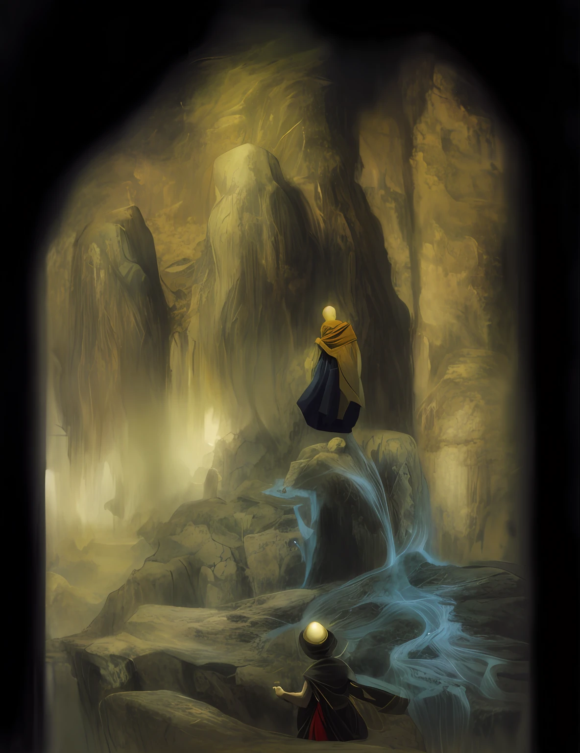 Painting two men standing on a stone on a mountain, style of alan lee and john howe, inspired by Alan Lee, in style of alan lee, author:Alan Lee, alan lee and marc simonetti, inspired by Gustave Dore, lord of the rings concept art, lord of the ring art, inspired by Gustave Doré, style of john howe, dragonlance illustration