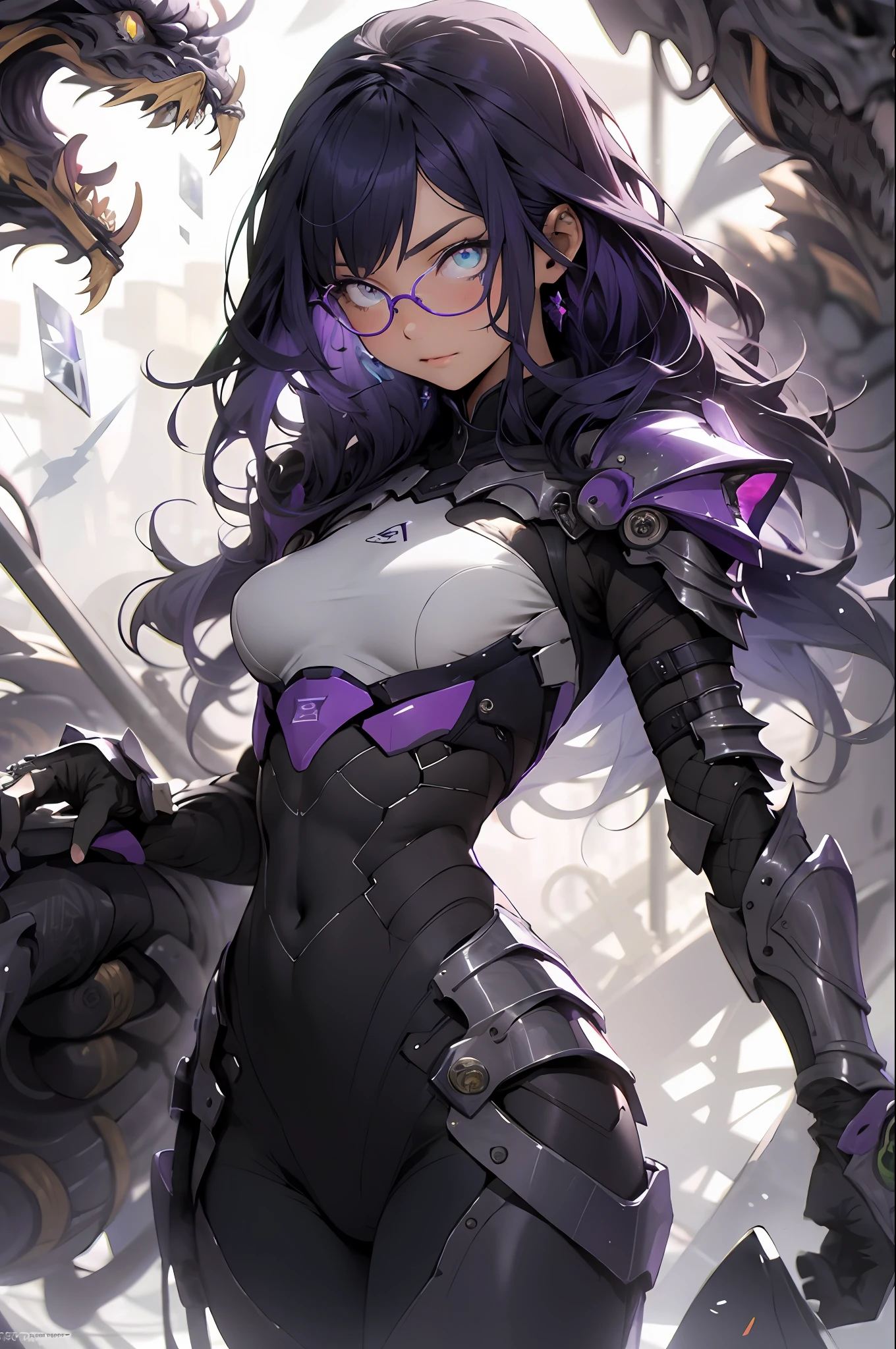 make realistic,(nmasterpiece,top Quority,最佳质量,offcial art,Beauty and aesthetics:1.2),Heavily detailed,s fractal art,Colorful,Most detailed,zentangle,(Abstract background:1.5)(1girls),Kamimei,eye glass,purple color hair,(length hair),(Glowing blue eyes),largebreasts,Abs,mistic,(enchanted),crystal,high leotard,sexly,machine armor,scythe