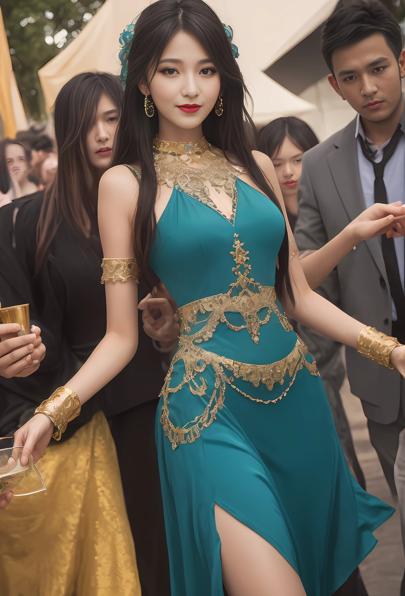 (masterpiece, best quality, realistic),
1girl, background, gypsy dress, dancing, intricate, teal dress, gold, gypsy person, banquet, crowd, picking up skirt, darker skin,
[slight smile],