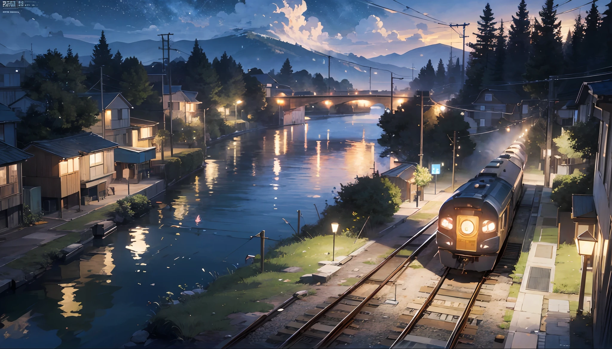 High-quality masterpieces、landscapes、Anime train passing through a body of water on the tracks、Bright starry sky。Break Romantic Train、pixiv、concept-art、Laffy art style、reflection。lofi art, beautiful anime scene, Break Anime Scenery, Detailed landscape — width 672、 break,specifics,Realstic,4K highly detailed digital art,octane renderings, bioluminescense, Break 8K resolution concept art, 真实感,by Mappa Studios,A masterpice,the best quality,Official art,illutst,Ligneclair,(Cool_Color),perfect-composition、absurdist、Fantasia、Focused、Rule of thirds
