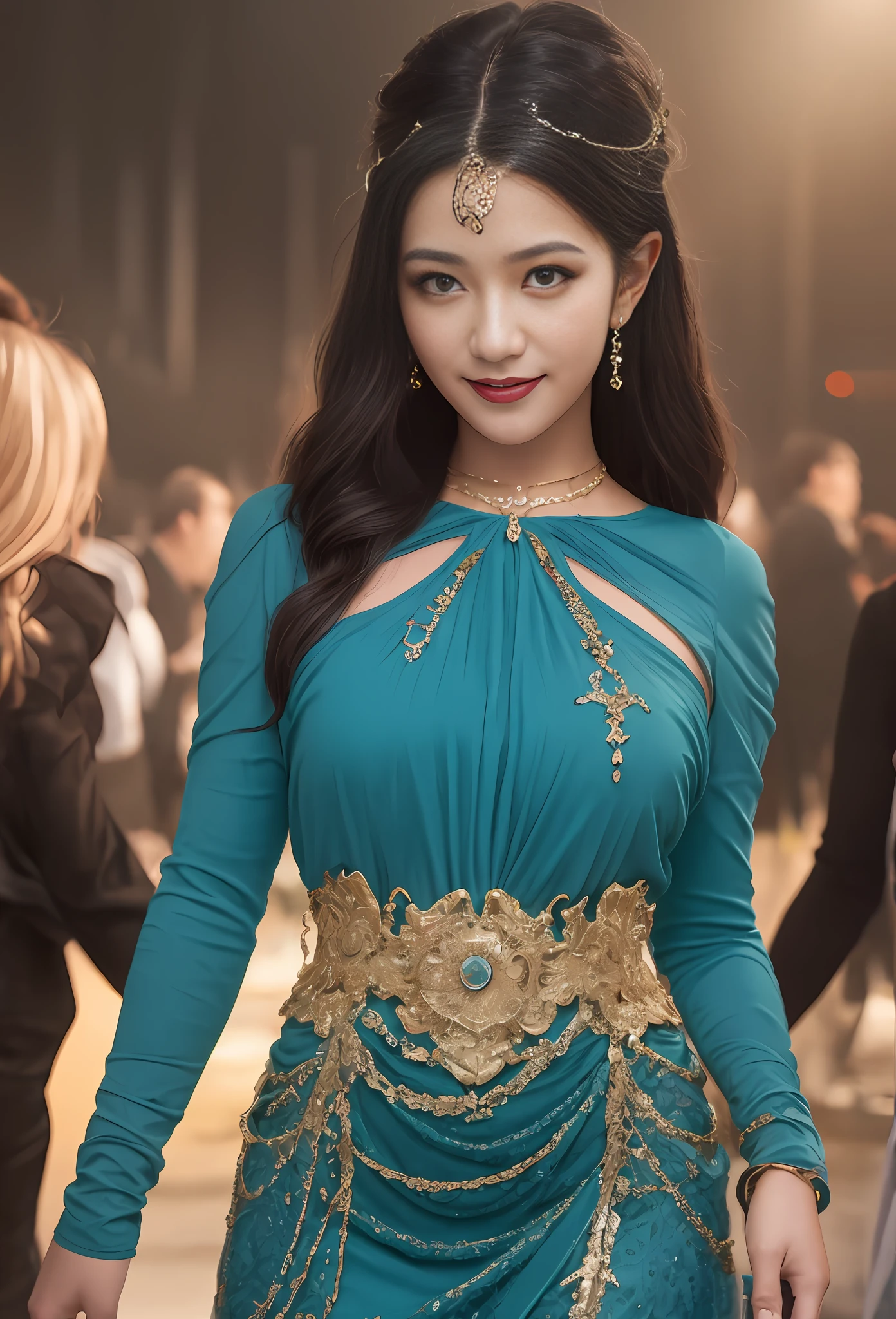 (masterpiece, best quality, realistic),
1girl, background, gypsy dress, dancing, intricate, teal dress, gold, gypsy person, banquet, crowd, picking up skirt, darker skin,
[slight smile],