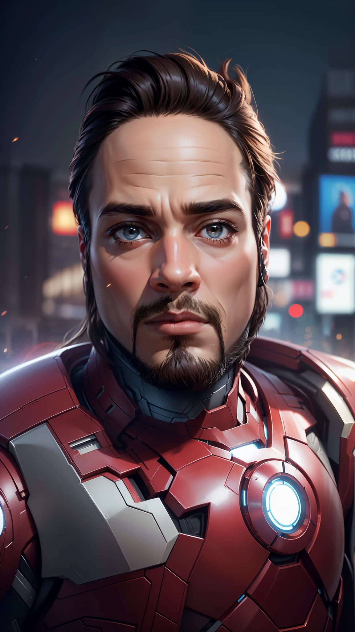 ((Best Quality, 8K, Masterpiece: 1.3)), handsome, young man, smooth skin, stylish, topknot, hunter's eyes, brown colored eyes, tanned, new york city, new york, new york, iron man armor, marvel iron man armor, manhattan, highly detailed iron man armor, short beard