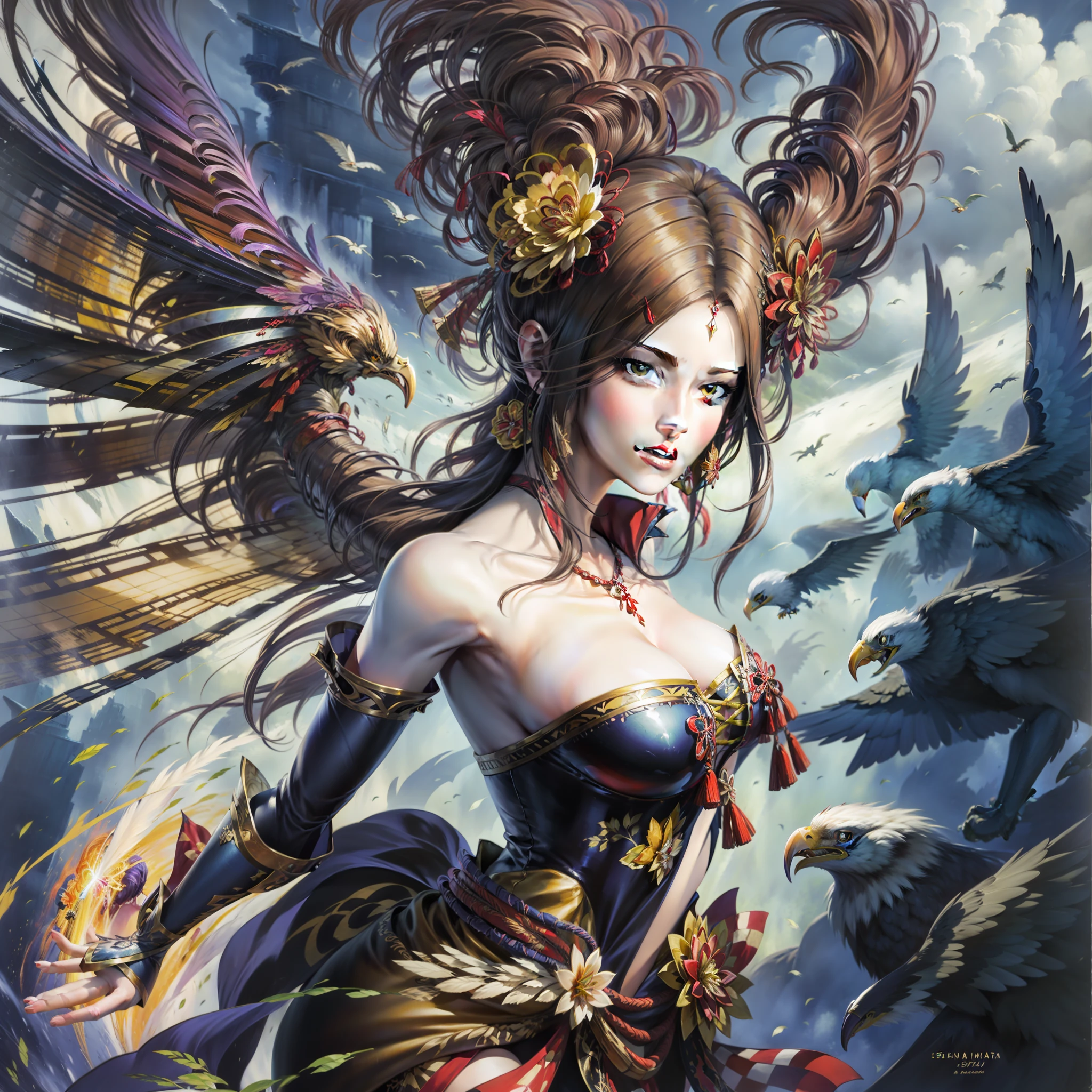 an f18 hornet WITH EAGLE WINGS, fantasy art,hyper realistic, super detailed, heat haze, 4K, by Yoshitaka Amano, Ellen Jewett, and Leonora Carrington AND boris vallejo:: A detailed, elegant, intricate, colorful portrait in mixed media:: A masterpiece of surreal art, a vibrant painting, vibrant colors