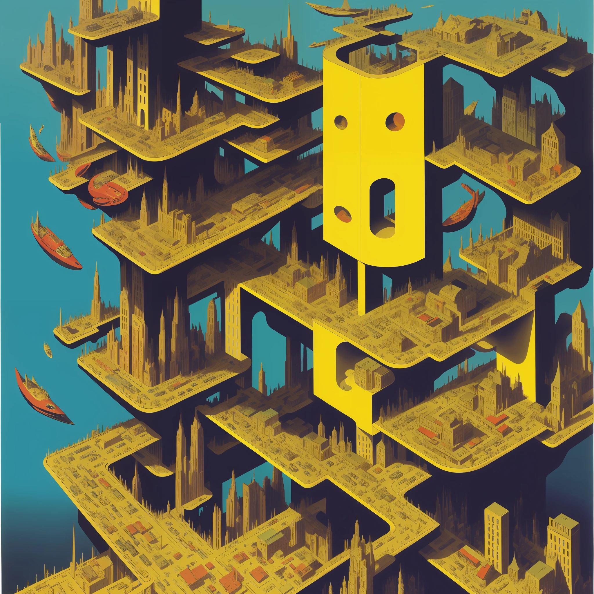 The yellow part shows the architectural shape,Stretching over the complex,optical illusions,paradox,afofuturism & harlem renaissance, paul lehr and m. c. Escher --auto