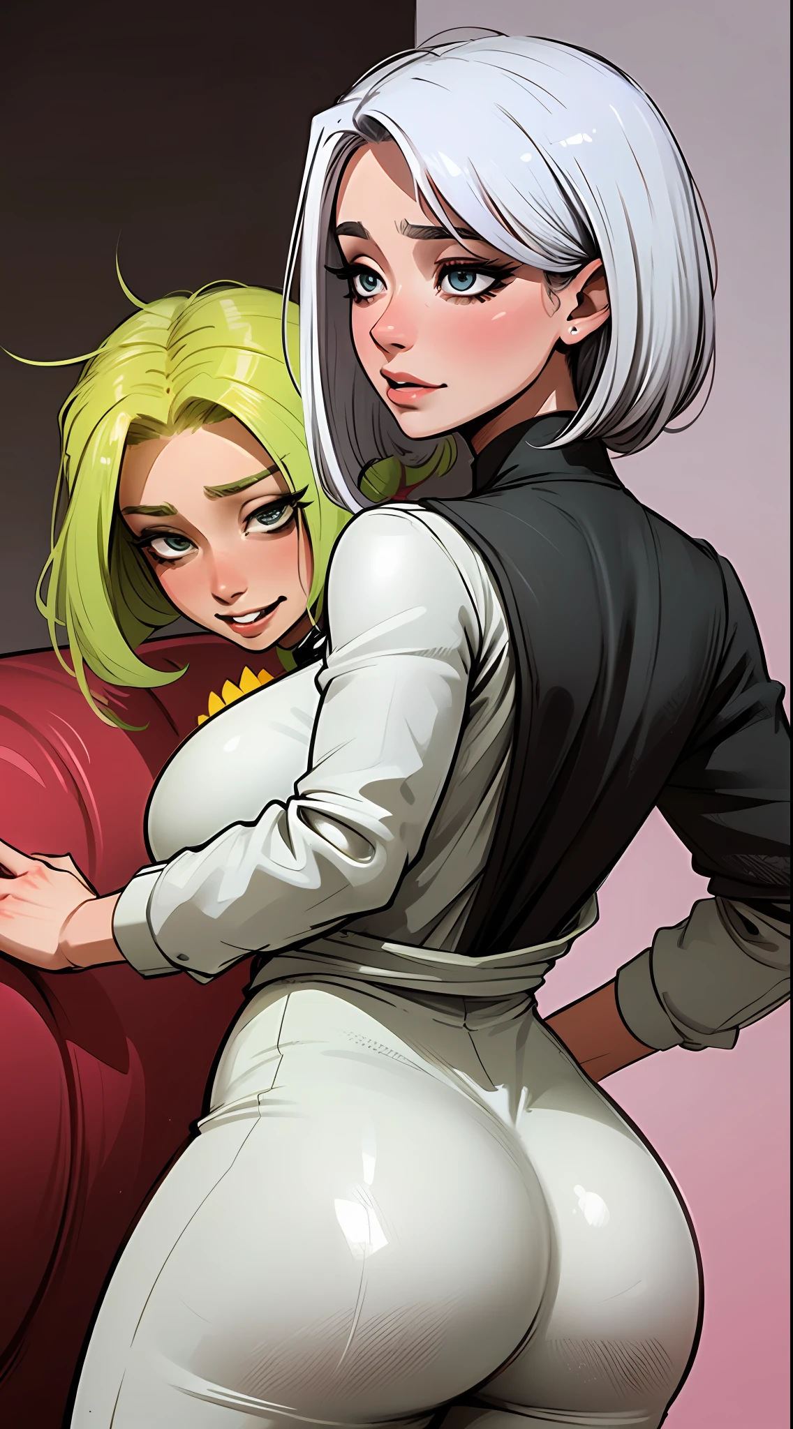 (obra-prima:1.4), (melhor qualidade), (detalhado) garota linda cabelo preto e branco e olhos verdes seio grande perna grossa grande roupa apertada henta