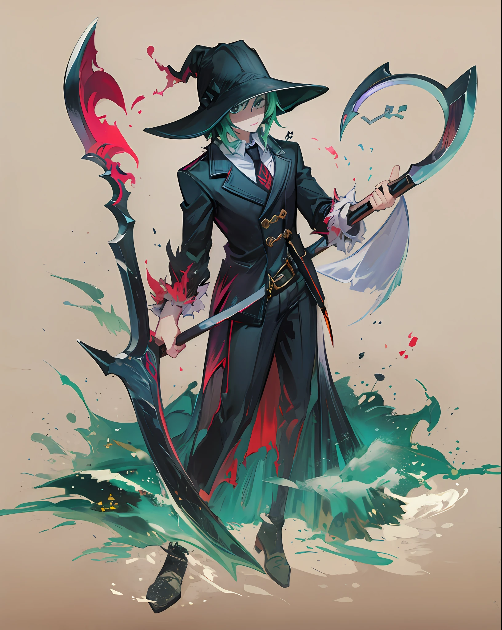 Izuku Midoriya as the grim reaper wearing plague doctor's clothes wielding a scythe on a cementary under the crimson moonlight