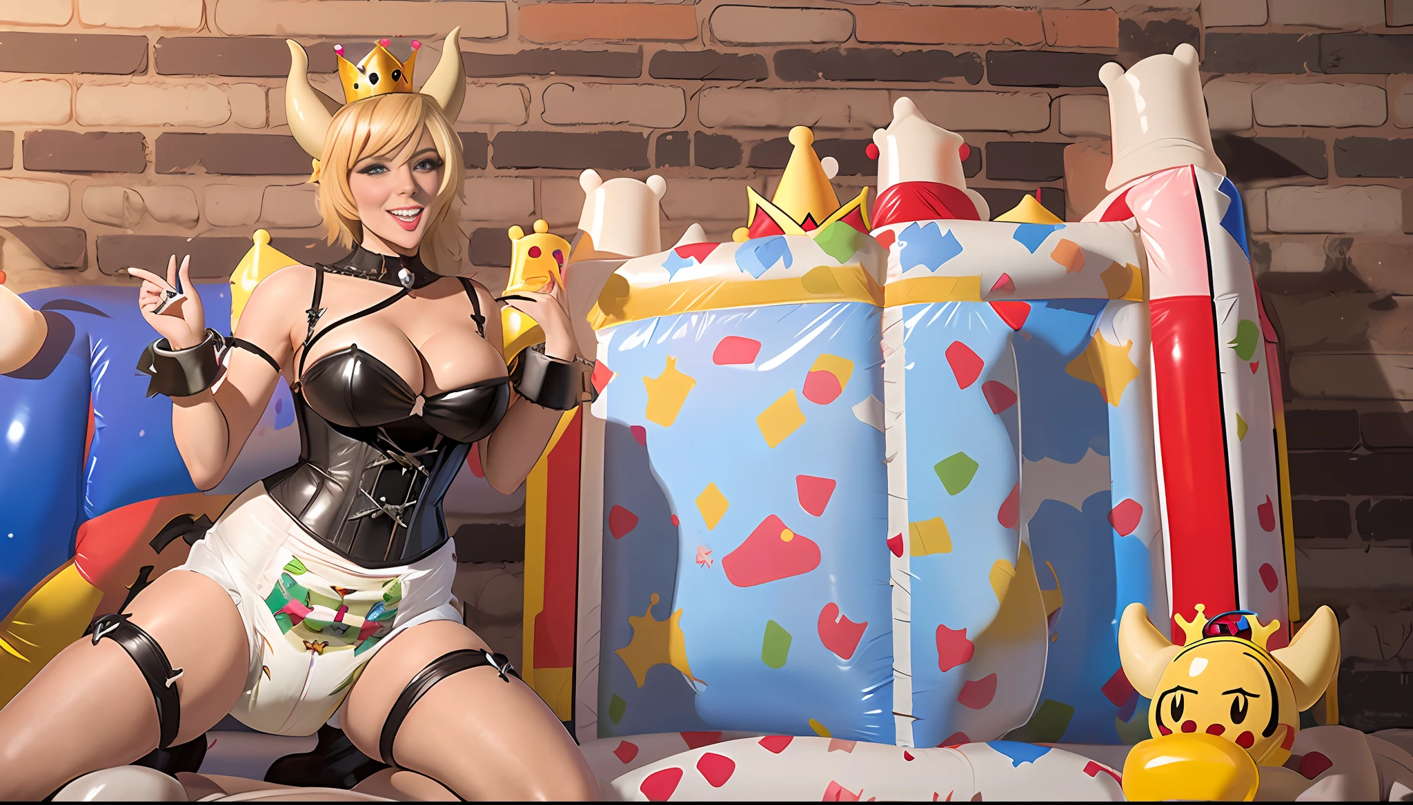 Sexy girl wearing (big diaper), ((Bowsette)), busty, (big breasts), wide hips, (leather), stockings, fishnets, (leather corset), (hypnotic), (magical), (blushing), ((confident)), pleasure, (orgasmic), colorful, ((mommydom)), brick wall, ((bounce castle)), (inflatables), stage lights, stage, sunny