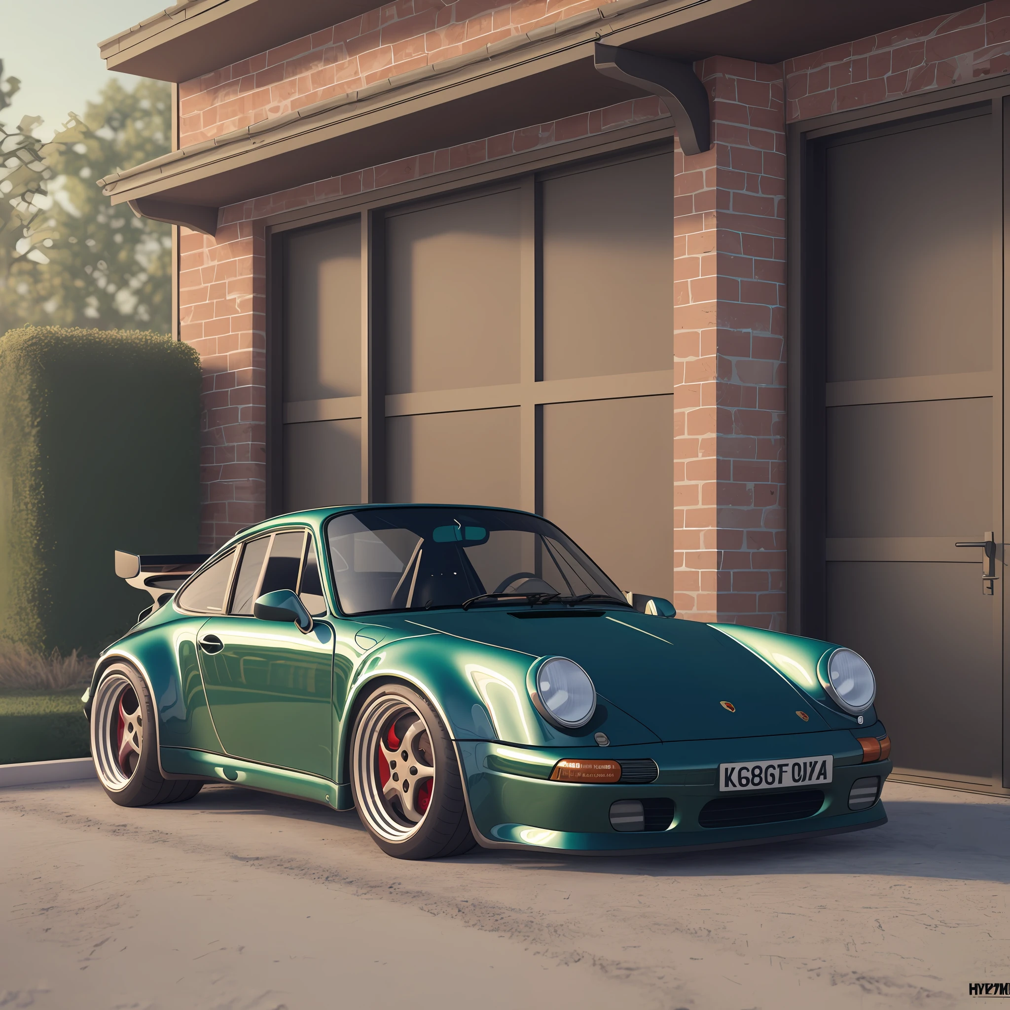 The Allafard Green Porsche 964 is parked in front of the garage, highly detailed hyper real retro, Porsche 964, Porsche 964,, hyper detailed 3d render, hyper detailed 3d render, Porsche 964, 3 d hyper realistic render, porch, ultrarealistic render, hyperrealistic 3d render, hyperrealistic render，refit，broad body，empennage，Porsche 964