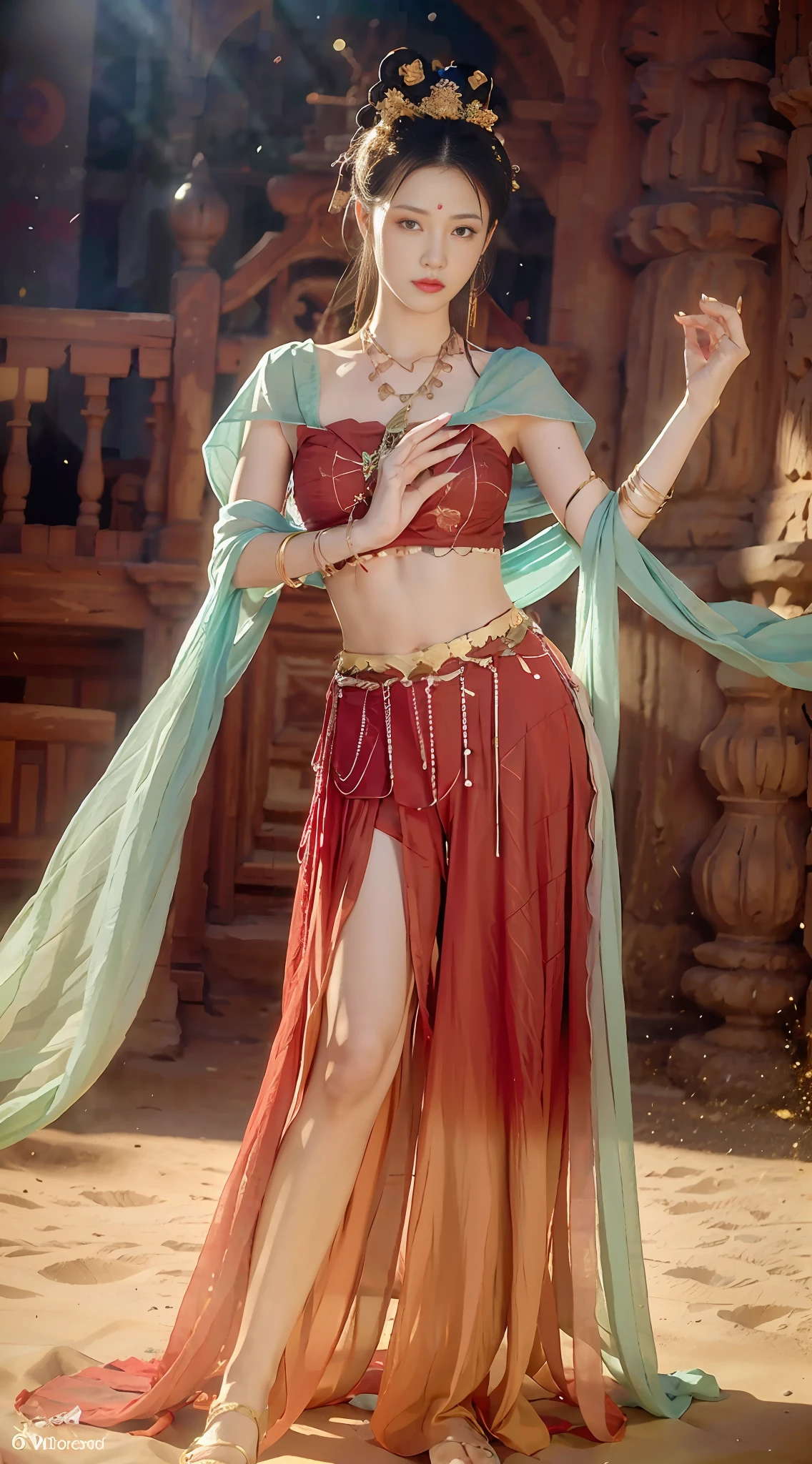 (8k, RAW photo, best quality, masterpiece:1.2), (realistic, photo-realistic:1.4), (extremely detailed CG unity 8k wallpaper), (1 girl:1.5), Western beauty, (Red clothes: 1.4), red spots on forehead, pale skin, blush, big eyes, full body, thighs, open navel, gold waist chain, gold jewelry, flying ribbons, particles, background is Loulan ancient city, ancient city wall, desert, dance, dunhuang_dress, dunhuang_style,