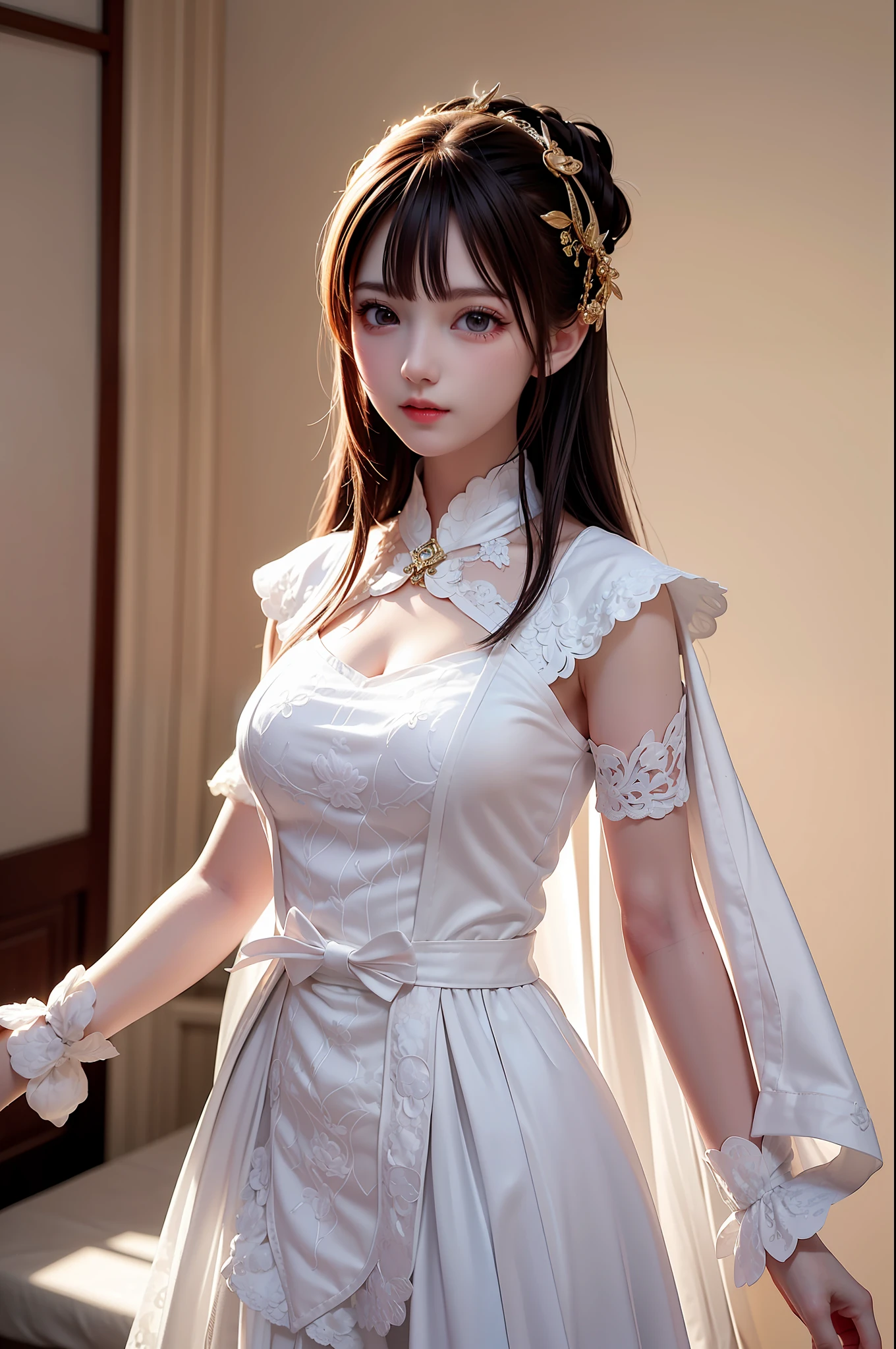 ((巨作))), ((Best quality))), ((Ultra detail)), (Ultra photo realsisim), (High Definition CG Illustration), Cinematic light, Photorealistic,Very Beautiful 12 Year Old Lady,12 Year Old Daughter, Light makeup, Intricate details eaba, White Intricate Lace Cloak, Dynamic pose, spears