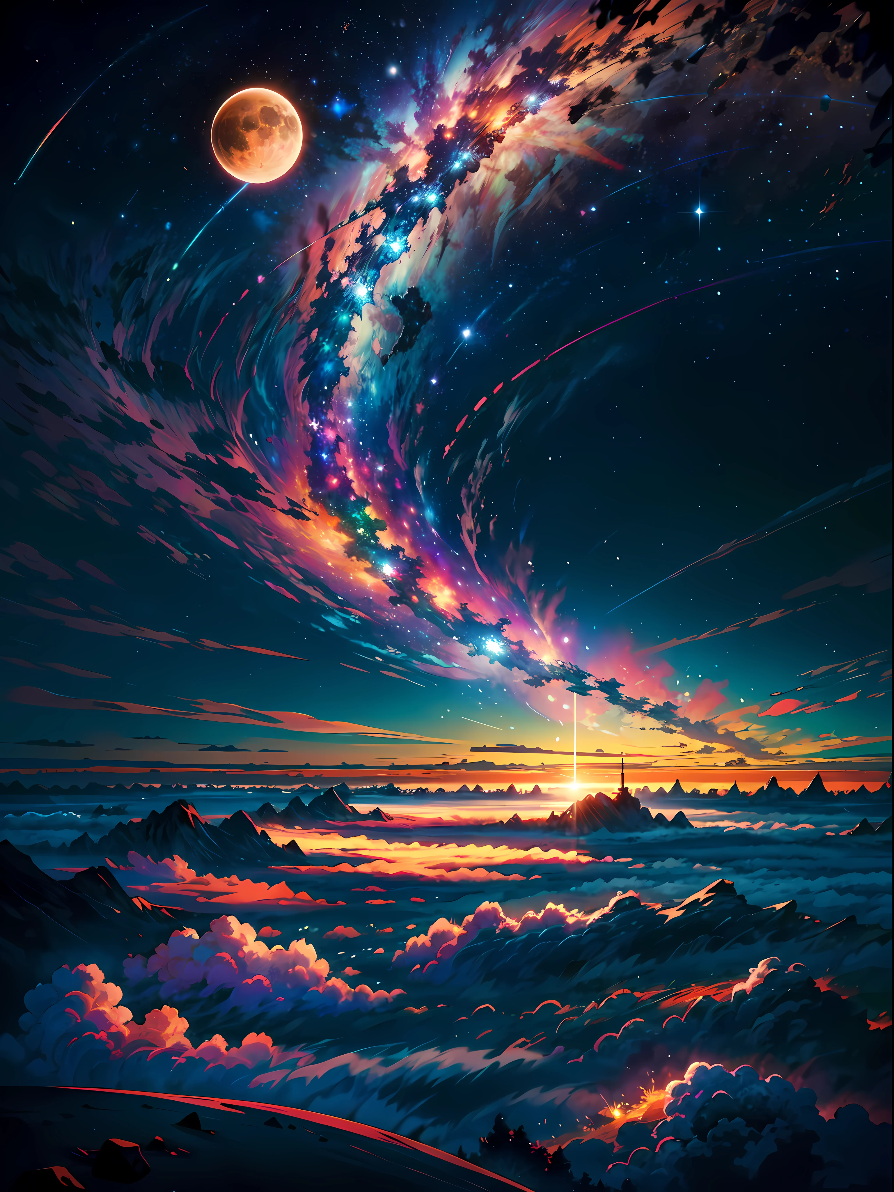 The image depicts a breathtaking otherworldly scenery that is nothing short of magical. It appears to be taken from high above the clouds, as the viewer is presented with a stunning panoramic view of the vast expanse of the sky. The stars twinkle and glimmer, creating a mesmerizing spectacle that is truly awe-inspiring. A colorful rainbow is also visible in the distance, adding a pop of vibrant hues to the otherwise serene and tranquil atmosphere. The sun shines brightly, casting a warm and welcoming glow over the entire scene. Overall, this image is a symphony of colors, light, and beauty that transports the viewer to another world entirely.
