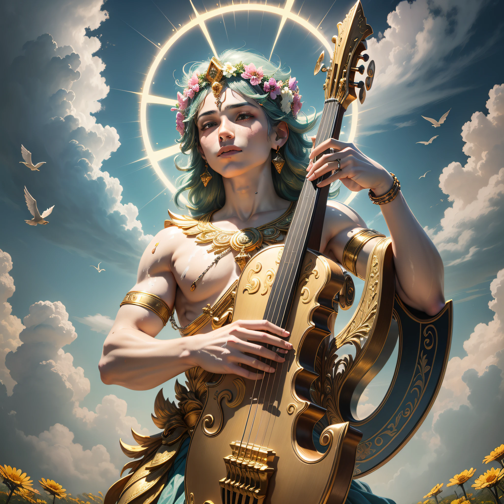 Uma imagem radiante de Apolo, The God of Light and Music, iluminando a paisagem com seu esplendor. He's playing a golden lyre.., while rays of sunshine pierce through the clouds and bathe the scenery with a golden light. Flowers and birds accompany its heavenly melody, criando uma atmosfera harmoniosa.