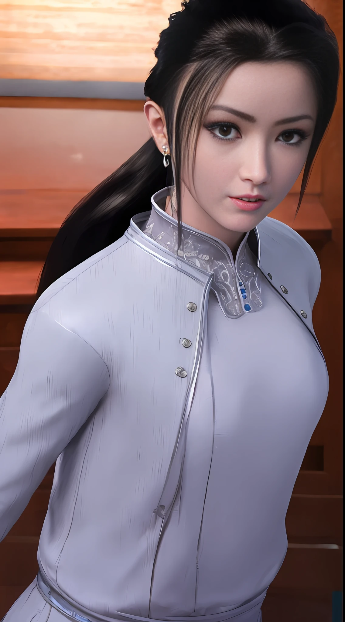 Best Quality, Masterpiece: 1.4), Ultra High Resolution, Realistic, Front Lighting, Intricate Details, Delicate Details and Textures, 1girl, Solo, (Young), Facial Highlight, Upper Body, Detail Face, Tear Mole, White Skin, Silver Hair, Ponytail, Braid, Look at the Audience, Big Eyes, Black Cheongsam, (Openwork Pattern, White, Silk), Earrings, , Slim Figure, Deluxe Room, Professional Lighting, Photon Mapping, Teleportion, Physically Based Rendering,