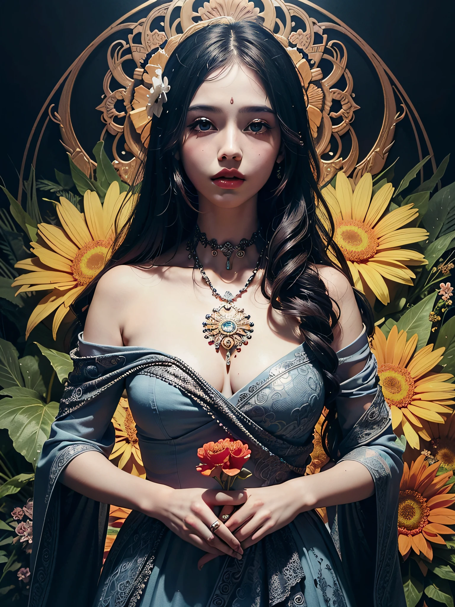 official art, unity 8k wallpaper, ultra detailed, beautiful and aesthetic, beautiful, masterpiece, best quality, (zentangle, mandala, tangle, entangle), ( of flower:1.2) dynamic angle, cowboyshot, the most beautiful form of chaos, elegant, a brutalist designed, vivid colours, romanticism, atmospheric