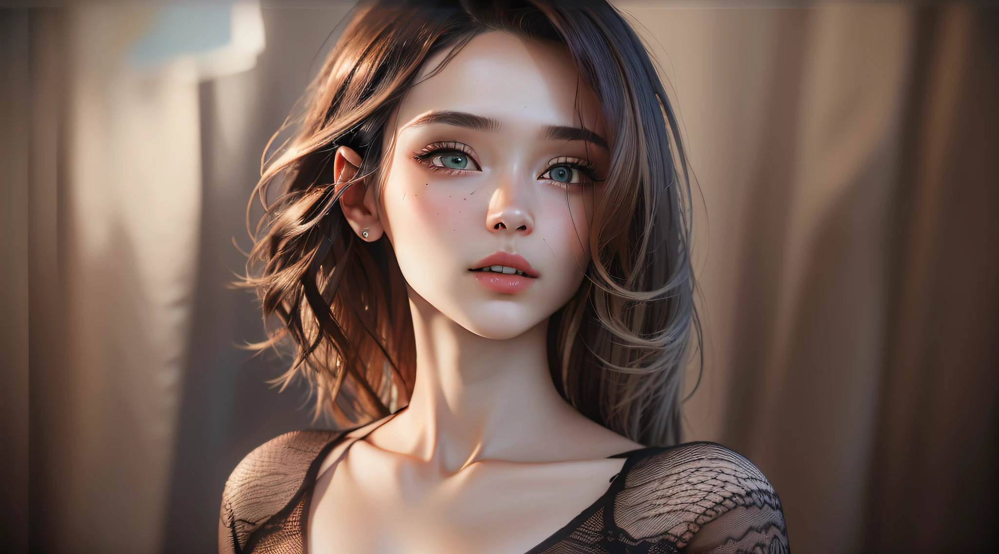 Random Posture, Mix4, (8k, RAW Photo, Best Quality, Masterpiece: 1.2), (Realistic, Photorealistic: 1.37), One Girl, Beautiful, Beauty, Cityscape, Daytime, Professional Lighting, Photon Mapping, Radiosity, Physically Based Rendering, Black Hair, Gradient, Short Curly, Handsome, Girl, Top Quality Images, High Resolution, 1080p, (clear face), (detailed facial description), (detailed hand description), (masterpiece), (exquisite CG), extreme light and shadow, unkempt hair, master work, rich details, (fine facial features), (highest quality image), (masterpiece), (detailed eyes), looking ahead with eyes, fine collarbone, silver lingerie, big, big breasts, full body