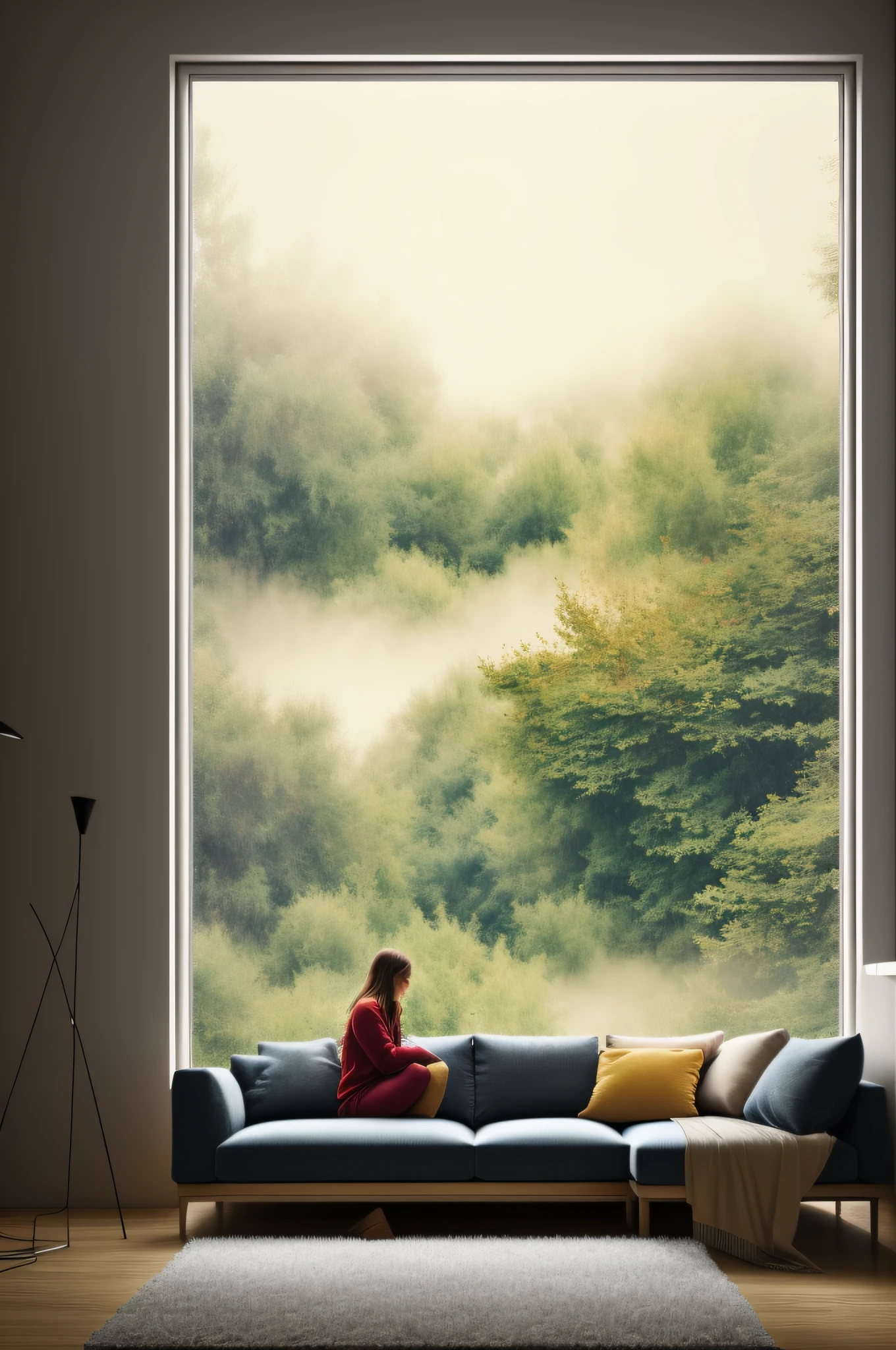 beste Quality, masterpieces, Super High Resolution, (photo realistic:1.4), Raw Image,living room,Raining,Fog,windows,warm,View from inside,1 girl on sofa