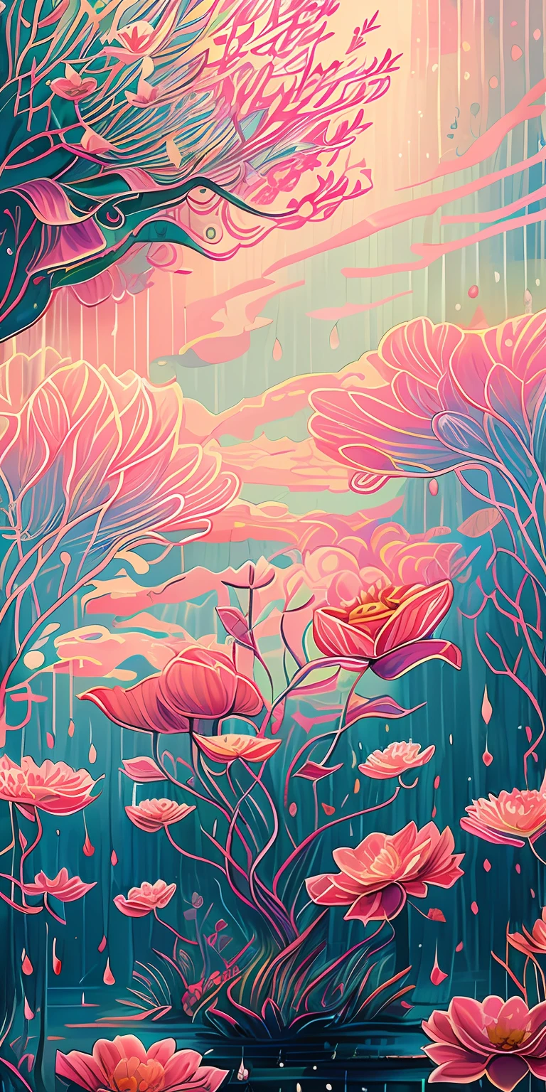 illustration of a colorful landscape with flowers and trees, jen bartel, surreal waiizi flowers, background artwork, Detailed digital painting, flowers rain everywhere, dan mumford and alex grey style, beautiful art uhd 4 k, psychedelic flowers and trees, Digital Painting | intrikate, pink forest, intricate digital painting, mood painting, floral environment, stylized painting, mythical floral hills