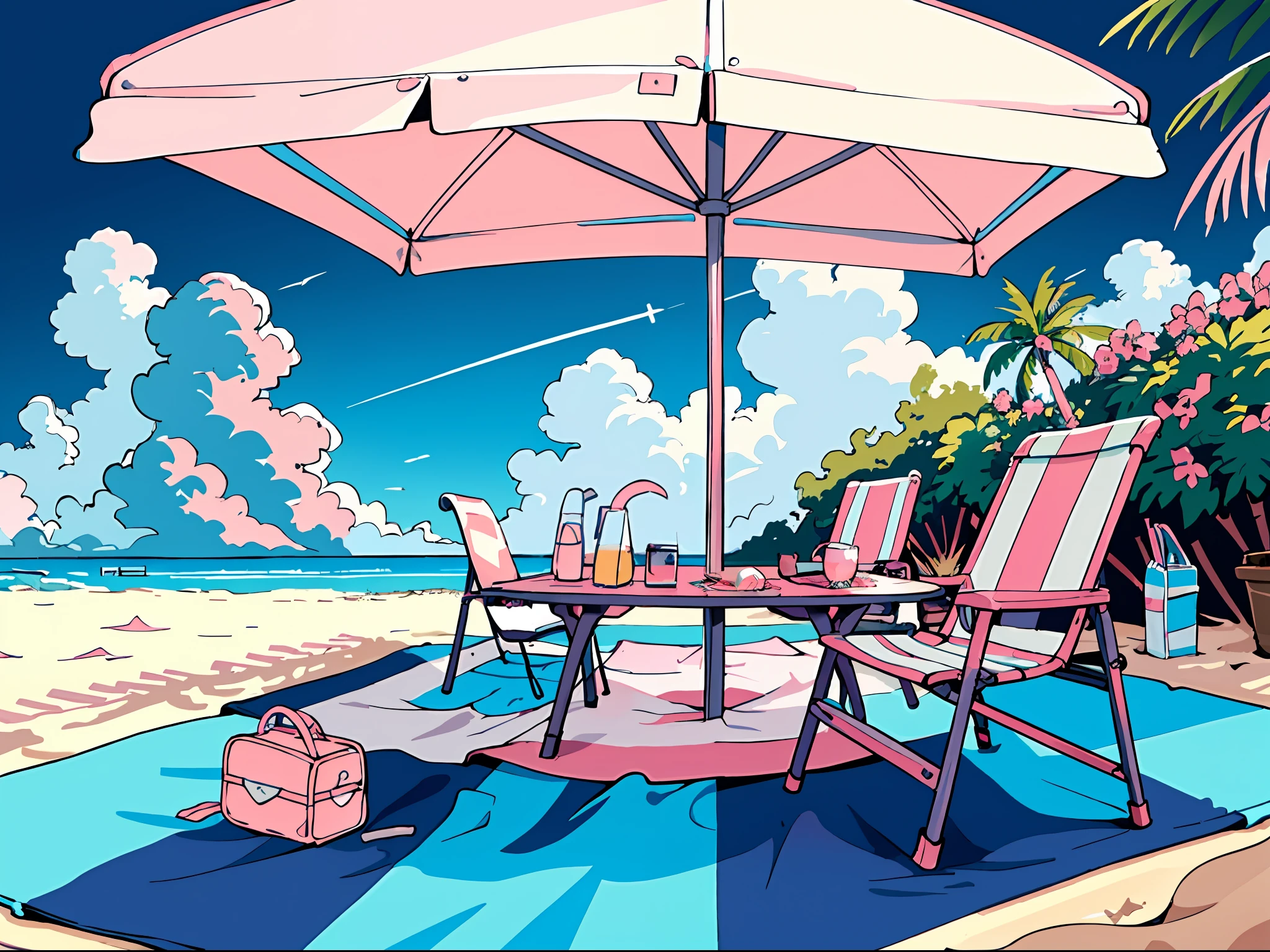 nmasterpiece, of the best quality, scenecy,sandbeach,beachside,coconut palms,3 pink awnings,3 pink beach chairs,Pink picnic mat,pink swimming ring,pink surfboard