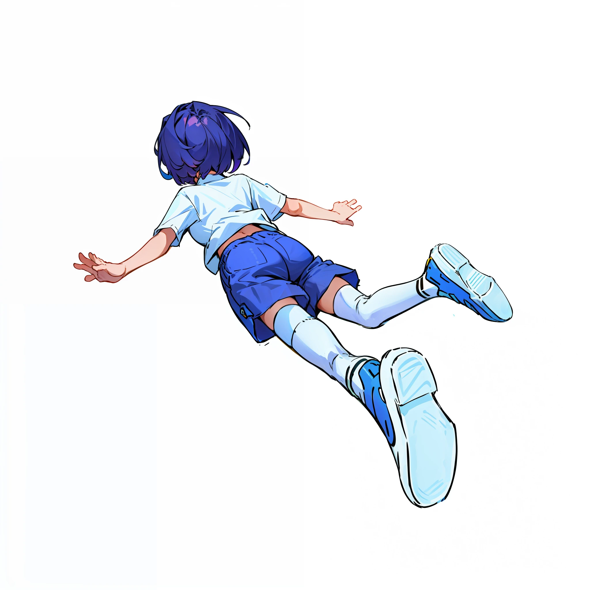 8K,solo, 1girl, shorts, shirt, thighhighs, shoe soles, white background, shoes, blue shorts, white shirt, white thighhighs, simple