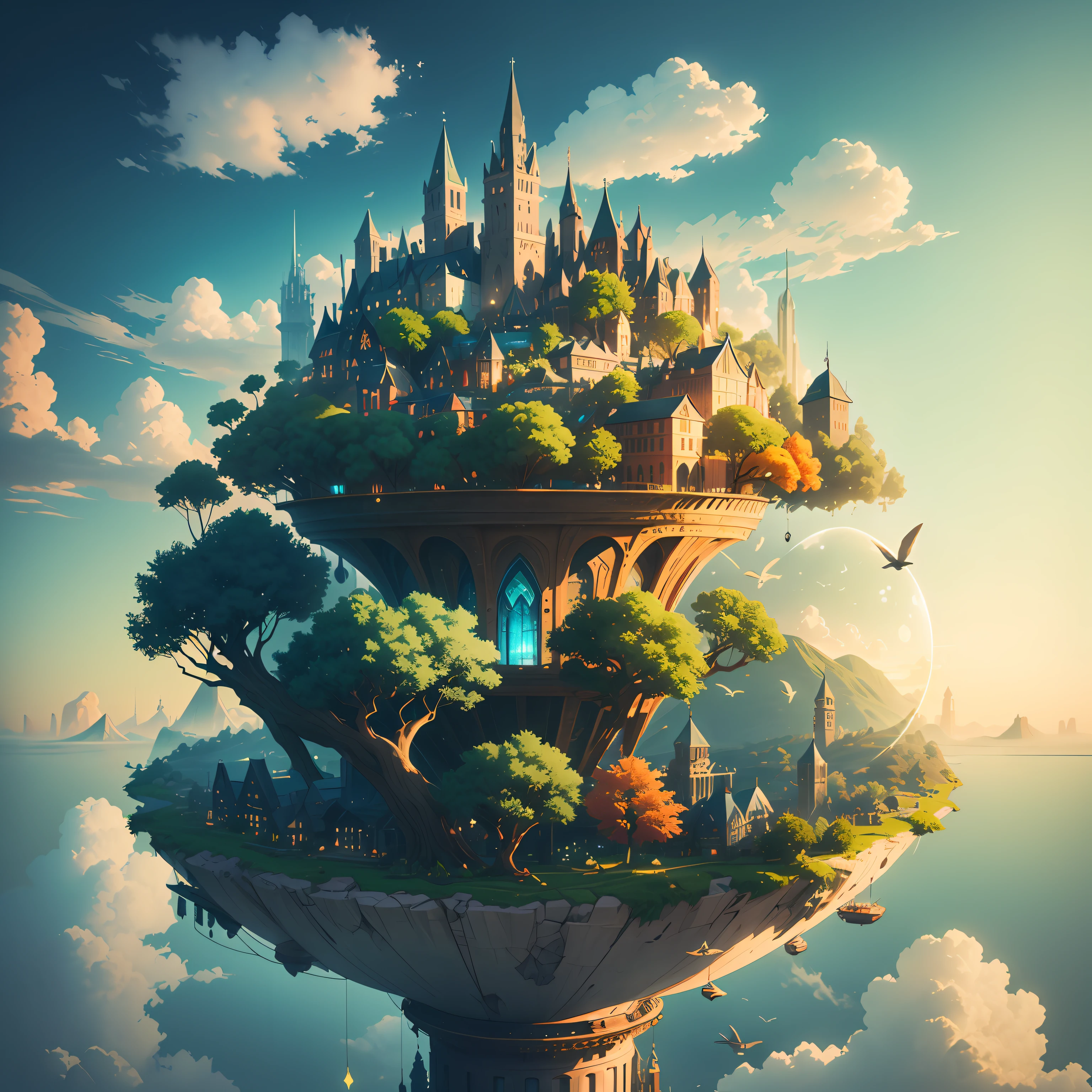 Utopian city in the clouds, medieval, colorful decoration, illuminated landscapes, ultra HD, 4K, high resolution, ultra render, shaders, cinematic --auto