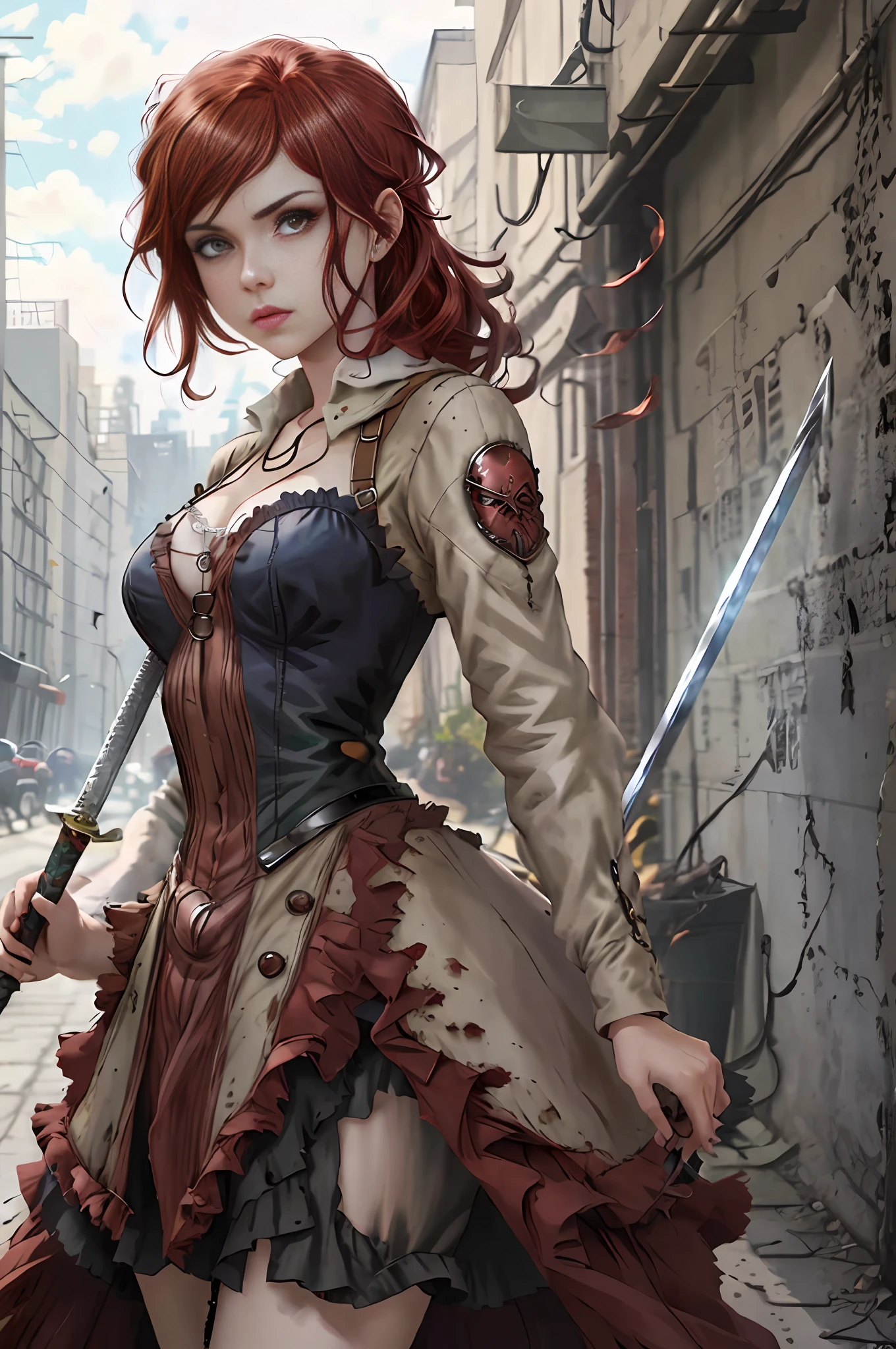 A closeup of a woman with red hair and a sword, Rossdraw portrait, Rossdraw 1. 0, :: Rossdraws, RossDraws, RossDraws, Wlop Rossdraws, CGSetivity Portrait, RossDraws, 2. 0, inspired by Rossdraws, Alexandra Fomina Artstation, Awesome Digital Illustration, Cute Cyborg Girl, Lois Van RossDraw, Bark, Berserk Shell, Berserk Anime