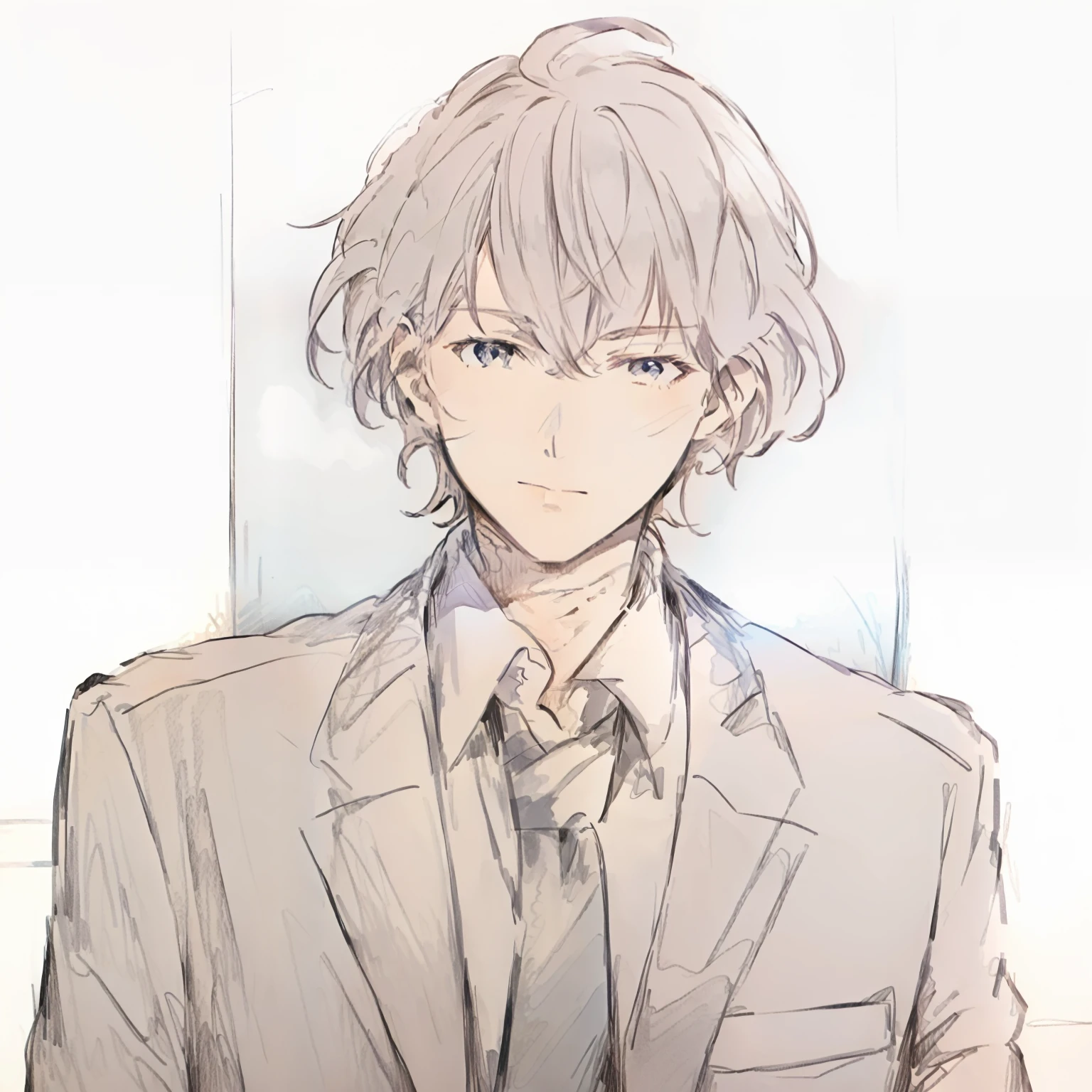 anime drawing of a man in a suit and tie with a tie, he is wearing a suit, Delicate androgynous prince, inspired by Bian Shoumin, beautiful androgynous prince, Tall anime guy with blue eyes, shigenori soejima illustration, he has short curly brown hair, inspired by Okumura Togyu, wearing a suit and a tie