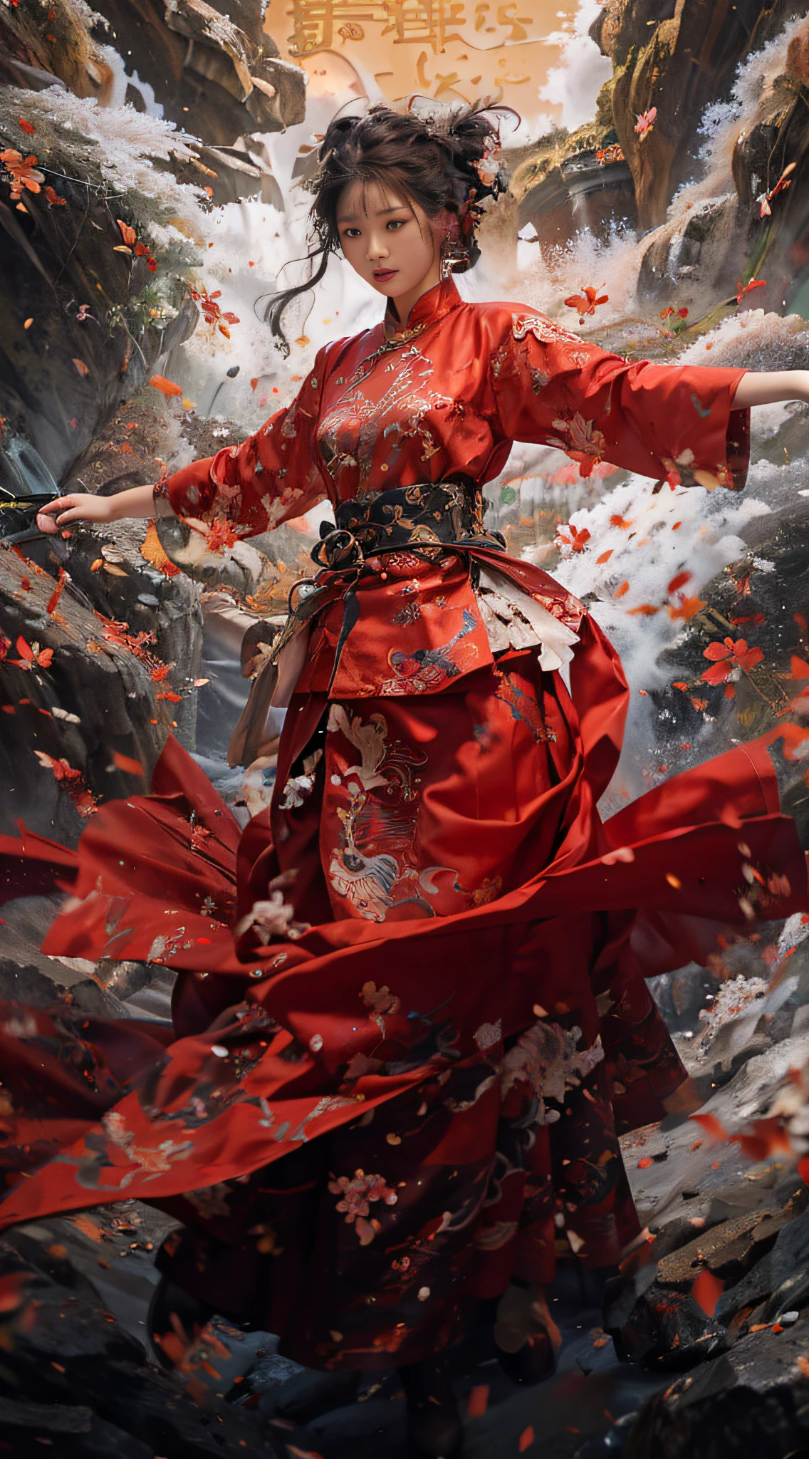 raw photo, best quality, masterpiece, ultra high res, (photorealistic:1.4), Anime a poster, 1hand holding a big long knife, two hands, wear kungfu master cloth, wave, chinese traditional ink style, Maiden Dragon Slayer, main color is red and white and black ink, dynamic movement, dynamic pose, movement, full body::1 Amazing Vector in oil painting environmental art cinematic, diorama, intricate detail, solo, dress, floating_hair