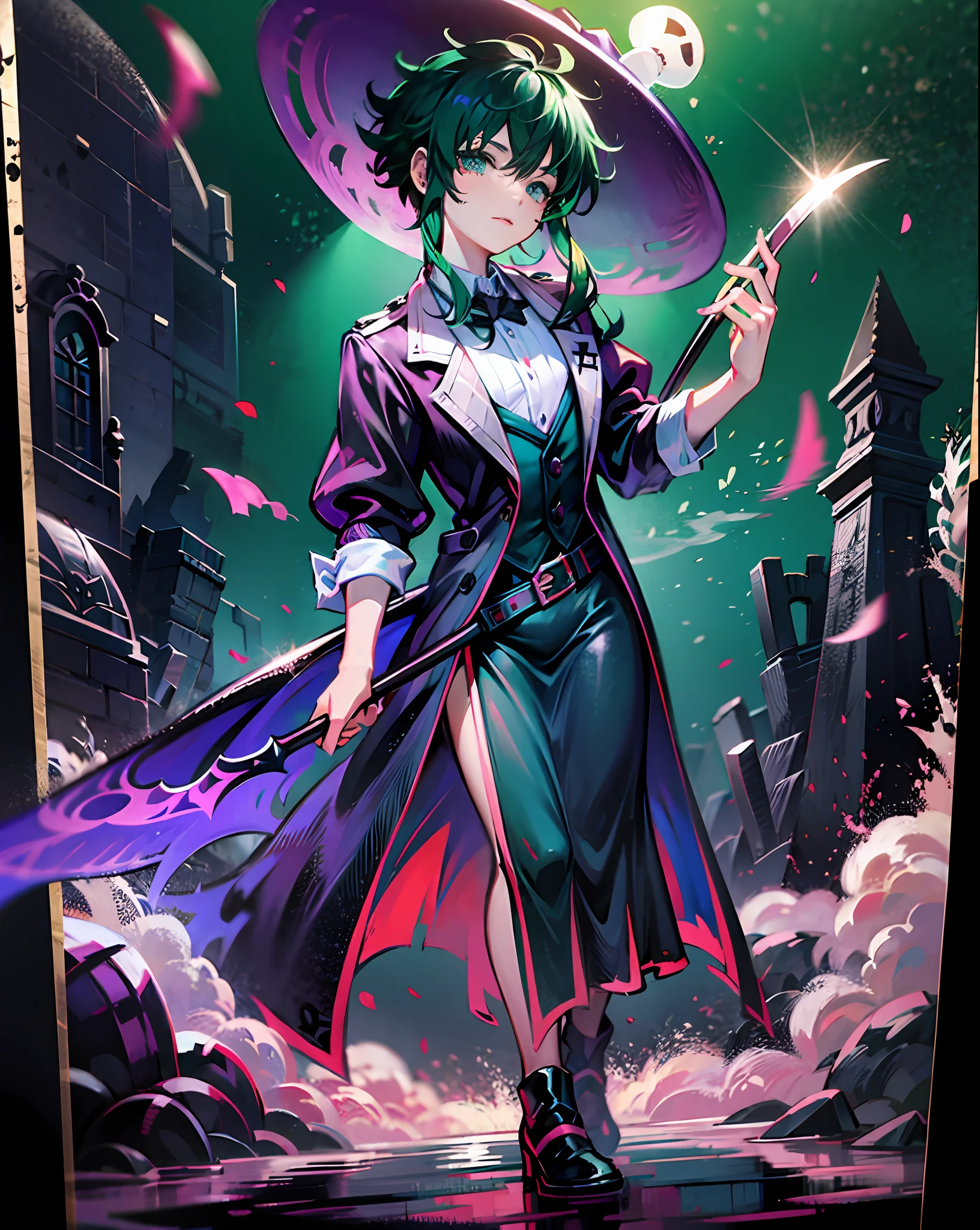 Izuku Midoriya as the grim reaper wearing plague doctor's clothes wielding a scythe on a cementary under the crimson moonlight