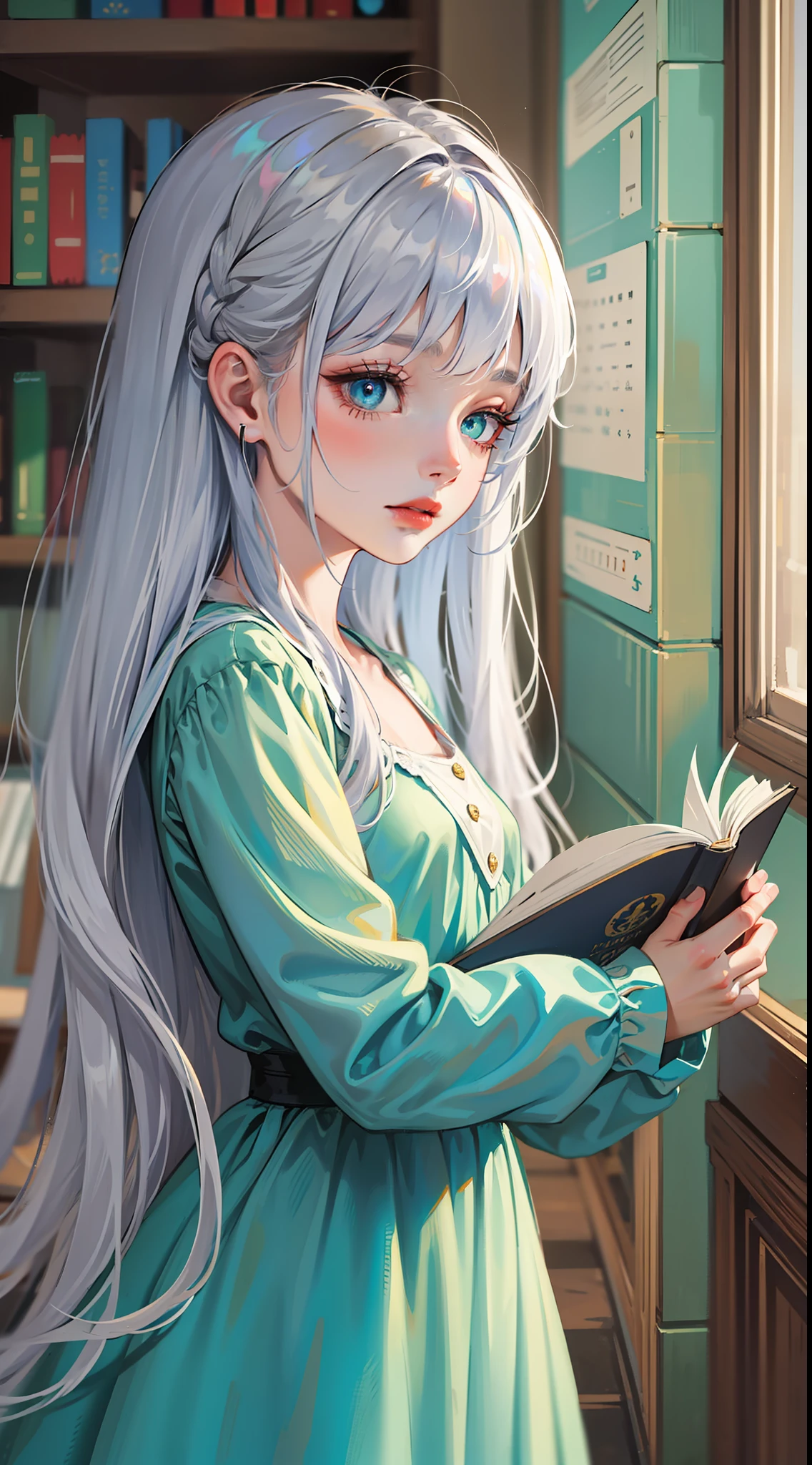 small girl, Long silver hair, Cyan eyes, blue dress, хмурая, book, Masterpiece, high qulity