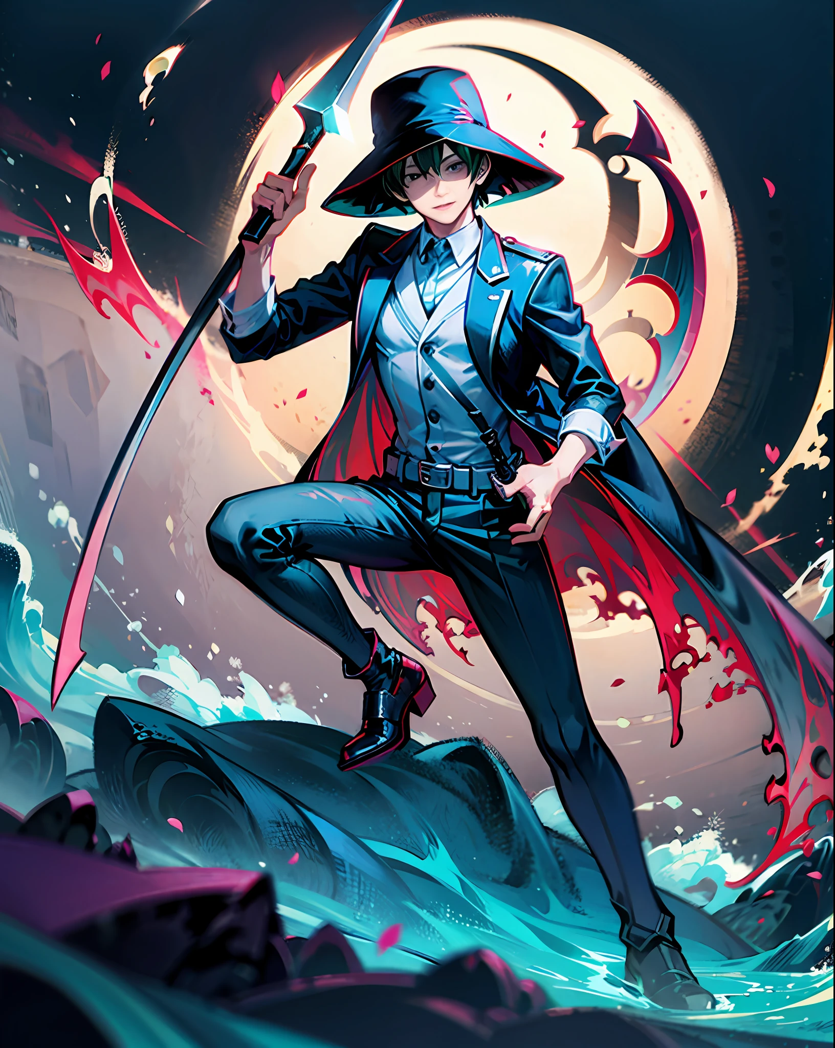 Izuku Midoriya as the grim reaper wearing plague doctor's clothes wielding a scythe on a cementary under the crimson moonlight
