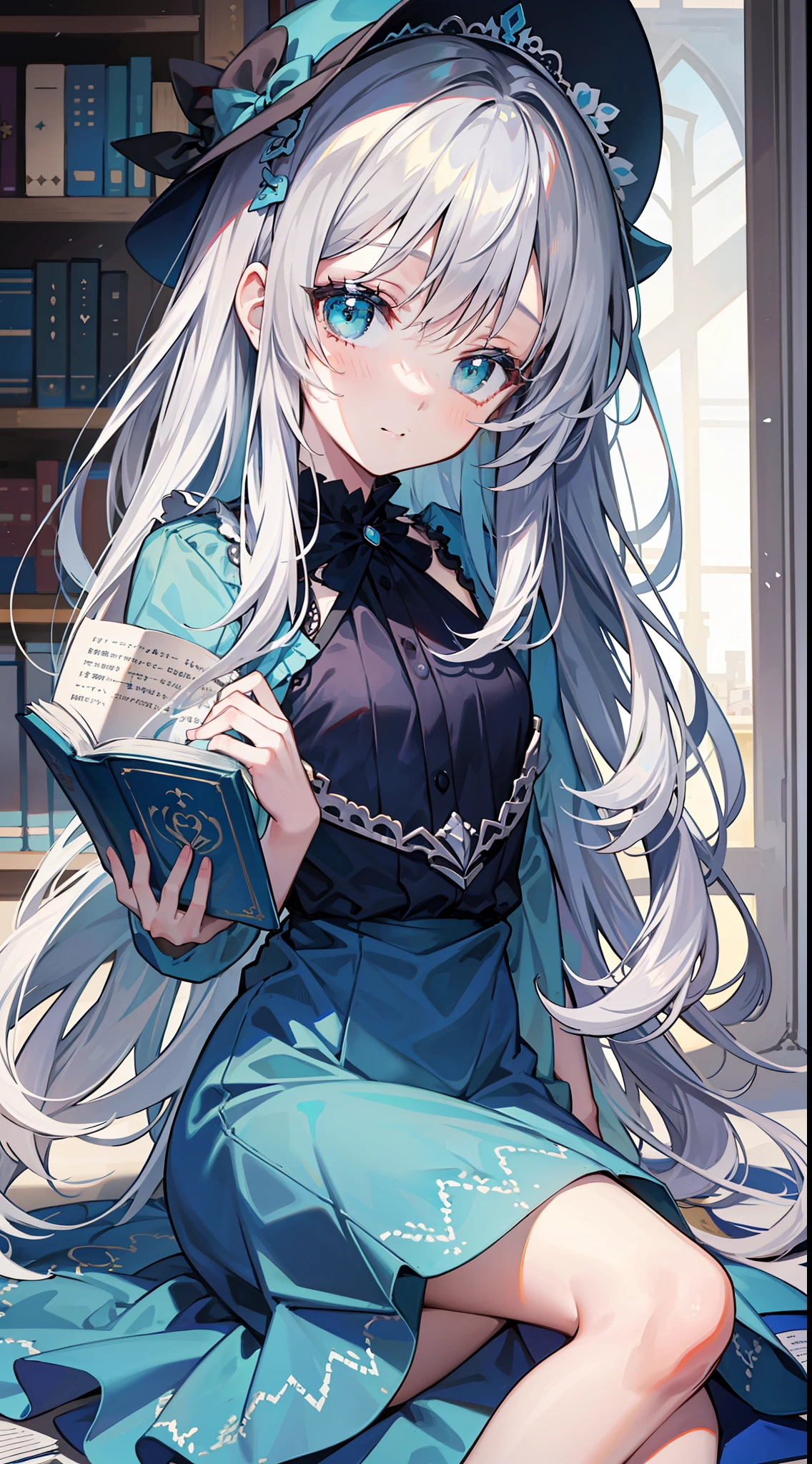 , Long silver hair, Cyan eyes, blue dress, хмурая, book, Masterpiece, high qulity