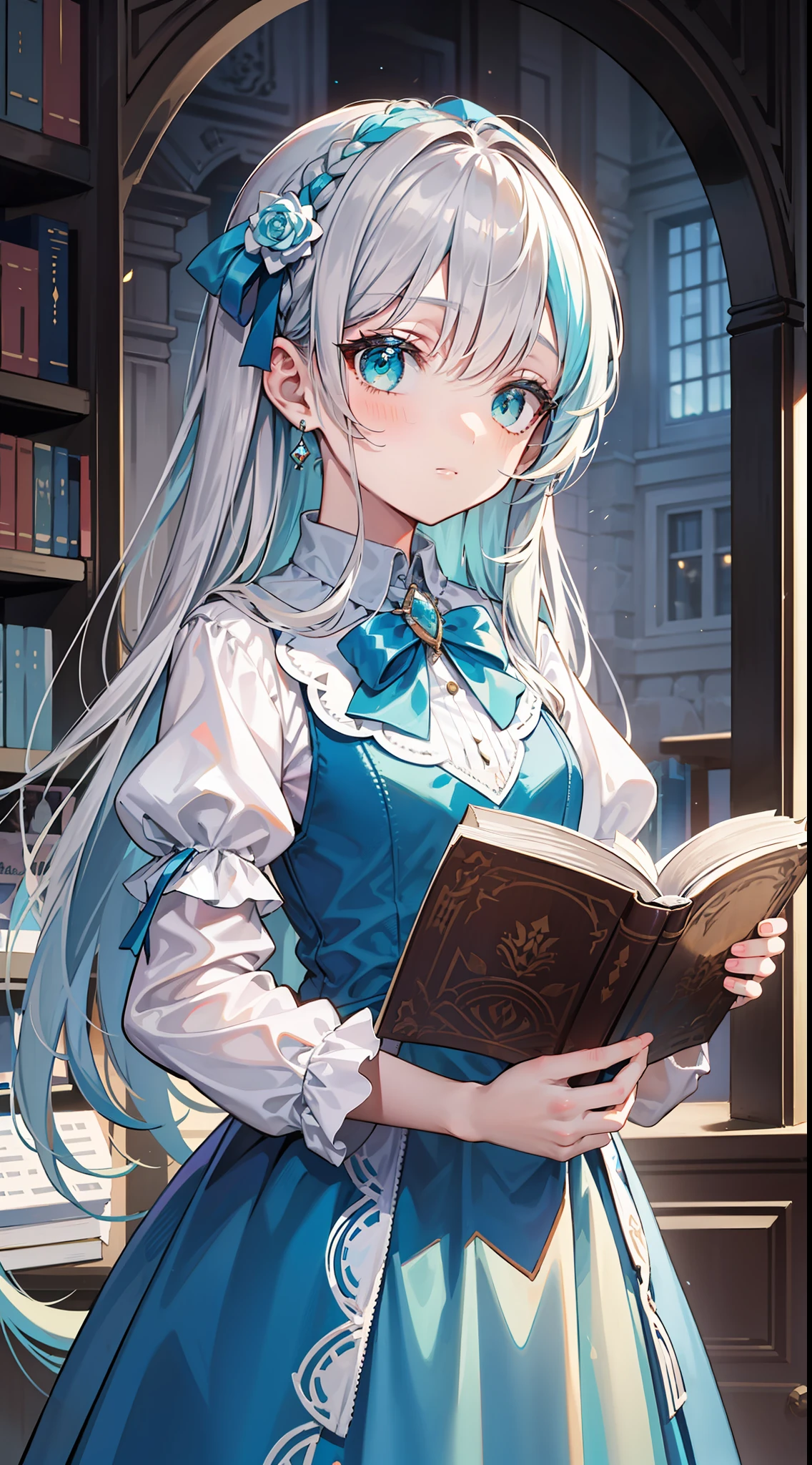small girl, Long silver hair, Cyan eyes, blue dress, хмурая, book, Masterpiece, high qulity