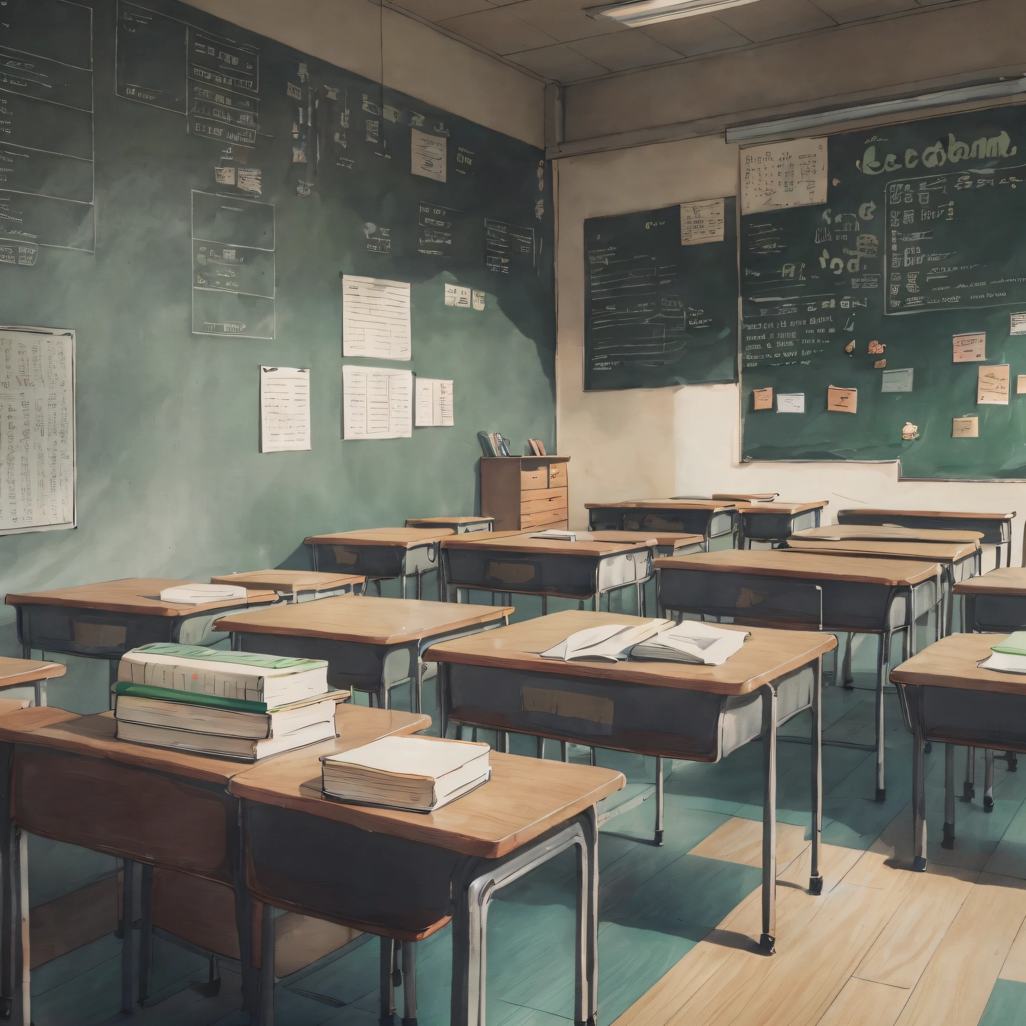 Classroom in black with board on the wall、school classrooms、Photos of the classroom、Classroom Background、school room、typical anime classroom、school classrooms、School classes、Classroom Background、Background classroom、Inside the elementary school、stockphoto、 sitting in classroom、pupils、Wooden table with books、University、Blackboard in background