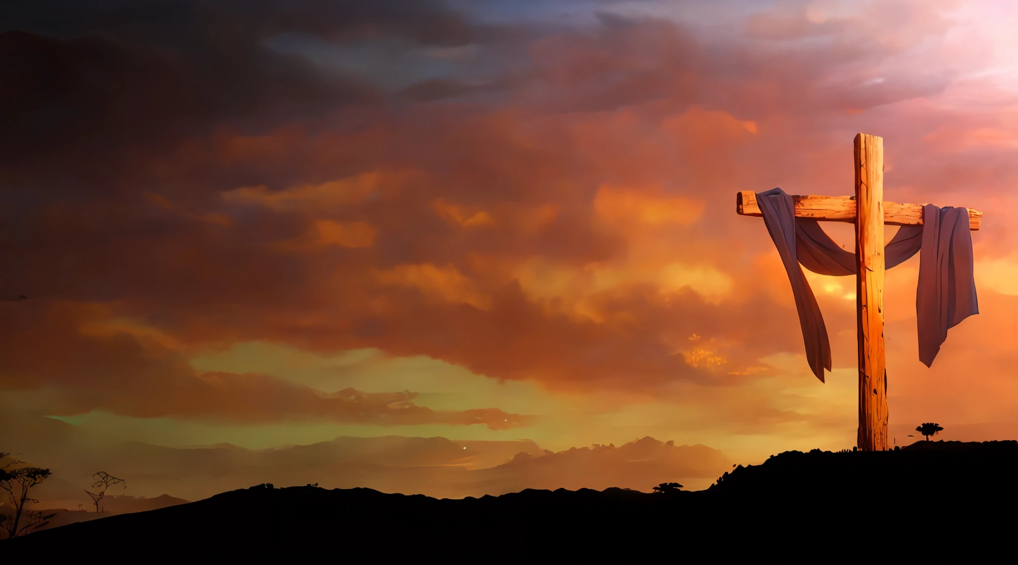 arafed cross on a hill with a sky background, iron giant at sunset, flag in his right hand, Banner, cinematic still, Imagem incrivelmente composta, Imagem absolutamente excepcional, Ao amanhecer, vitorioso em um morro, captura de tela de alta qualidade, ao nascer do sol, Directed by: Edwin Georgi, papel de parede de alta qualidade, in the sunset, triunfante, papel de parede hd, sunset panorama, manto vermelho na cruz
