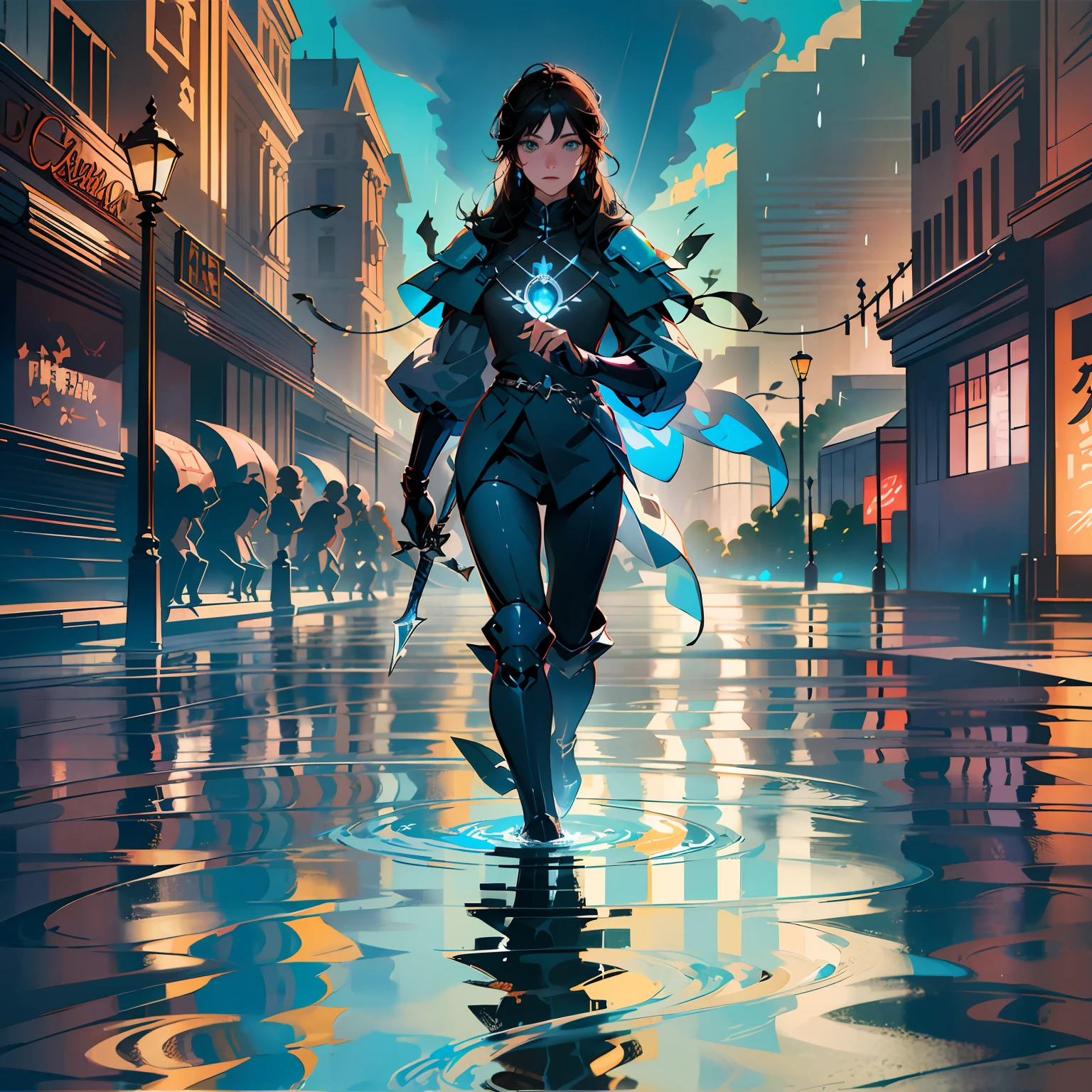 Cedric, Healing Mage, Green Eyes, Blue Glow in Eyes, High Quality, Best Quality, 1 Young Mage, Orange Pants, With 04 Other Travelers, Boots, Standing, Looking at Viewer, Long Sleeves, Wooden Staff in Hand right, city scenery, wind blowing around it. --auto