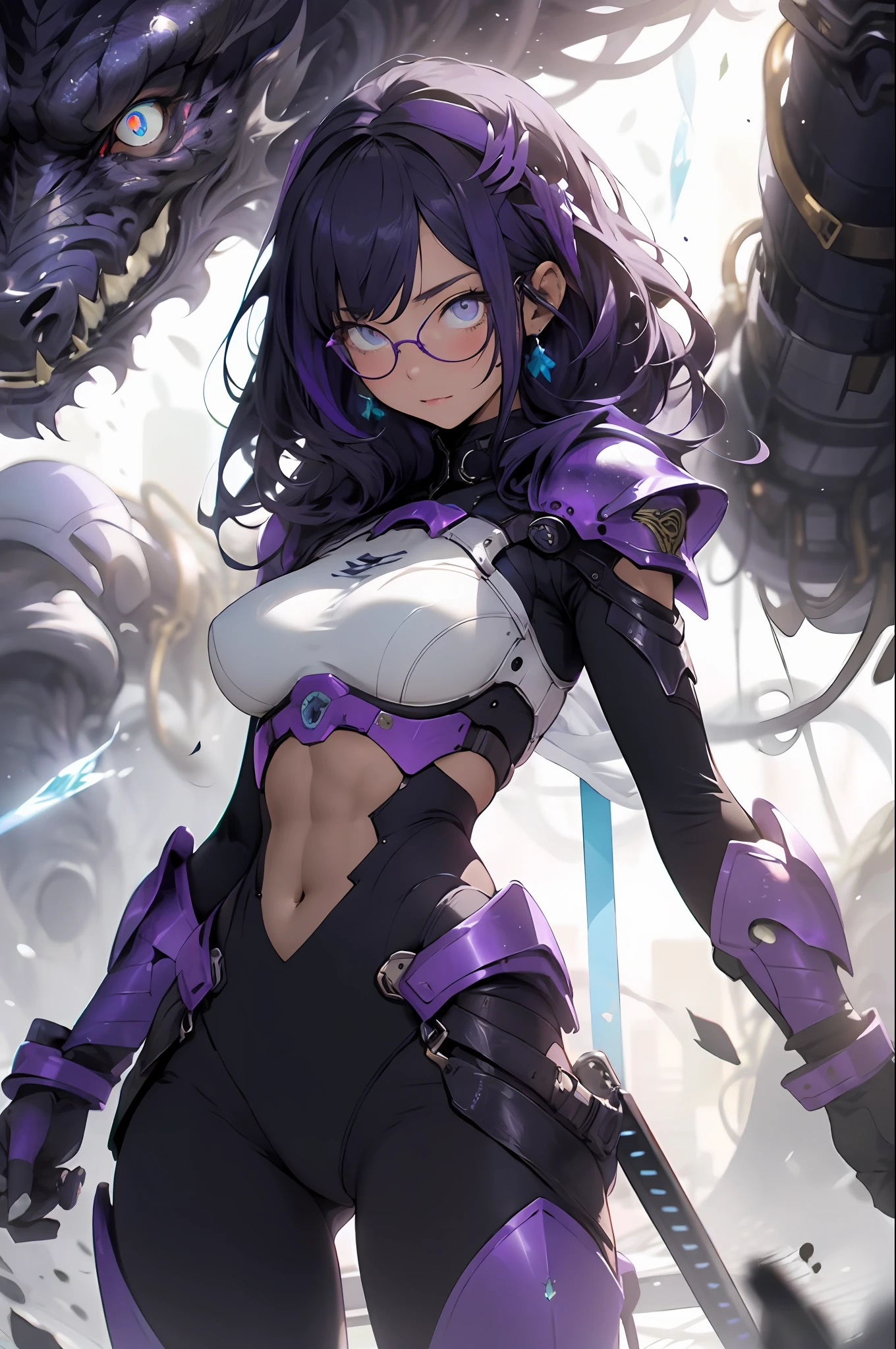 make realistic,(nmasterpiece,top Quority,最佳质量,offcial art,Beauty and aesthetics:1.2),Heavily detailed,s fractal art,Colorful,Most detailed,zentangle,(Abstract background:1.5)(1girls),Kamimei,eye glass,purple color hair,(length hair),(Glowing blue eyes),largebreasts,Abs,mistic,(enchanted),crystal,high leotard,sexly,machine armor,Huge weapons