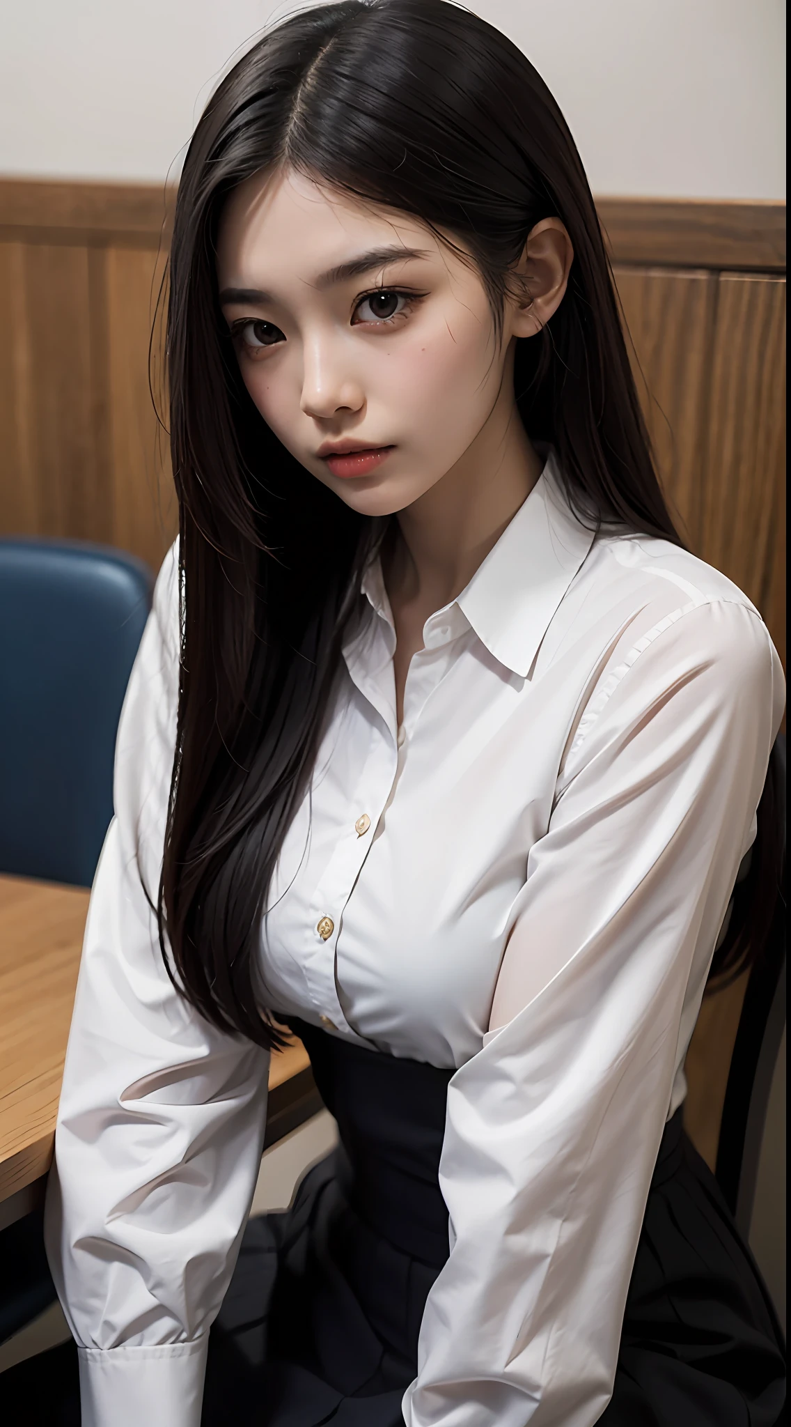 Asian woman sitting at table in school uniform,Inspired by photos,realistness,with long hair and piercing eyes,Young and cute Korean face,Beautiful highschool girl,Surrealism female student,Surrealism female student,Cute doting eyes,Fix photo details,Increase clarity,Hair details are optimized,Eyebrow detail optimization,Eyelash detail optimisation,Eye detail optimization,Lip optimisation details,Dental optimization details,Increase realism,Skin optimization,White and tender skin,Delicate skin,Gentle skin texture,Delicate skin texture,Perfect body curves,