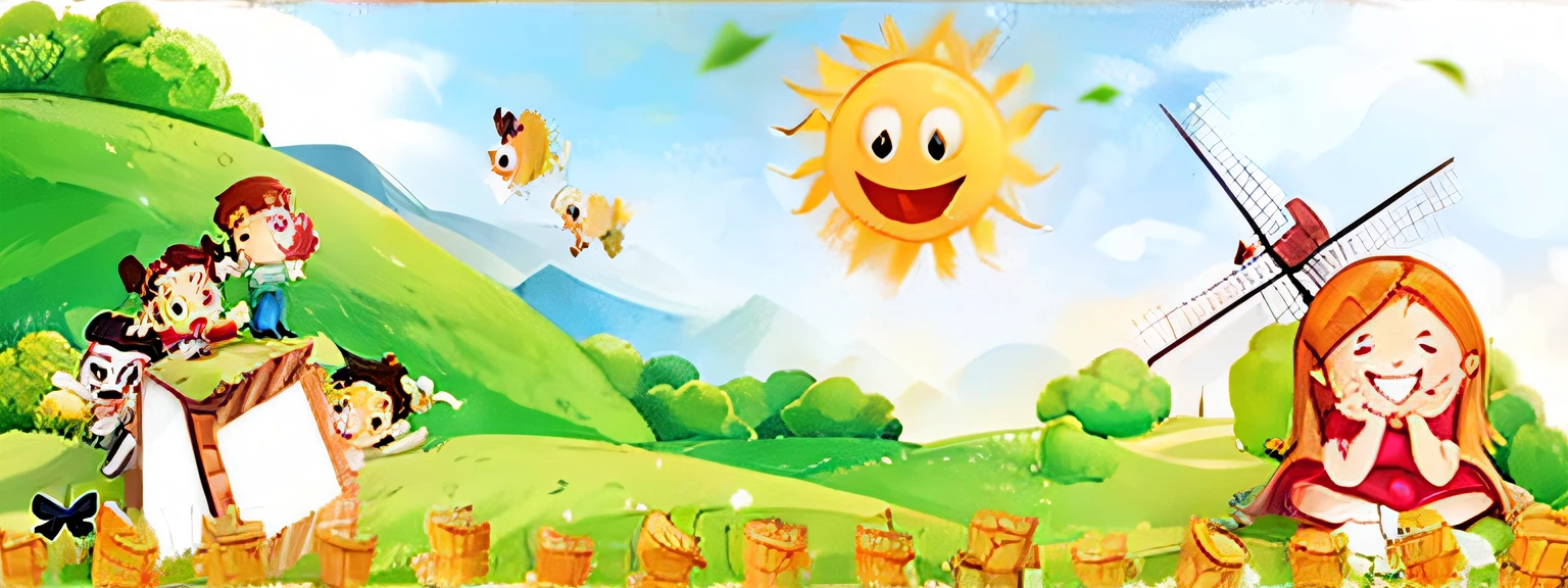cartoon children playing in a field with a windmill and a sun, happy sunny day, sunny day time, Sunny environment, very sunny weather, bright sunny time, sunny day background, Sunny weather, On a sunny day, bright and sunny day, bright and sunny day, slightly sunny weather, dia soleado, in sunny weather, sunny mid day, Sunny atmosphere --auto