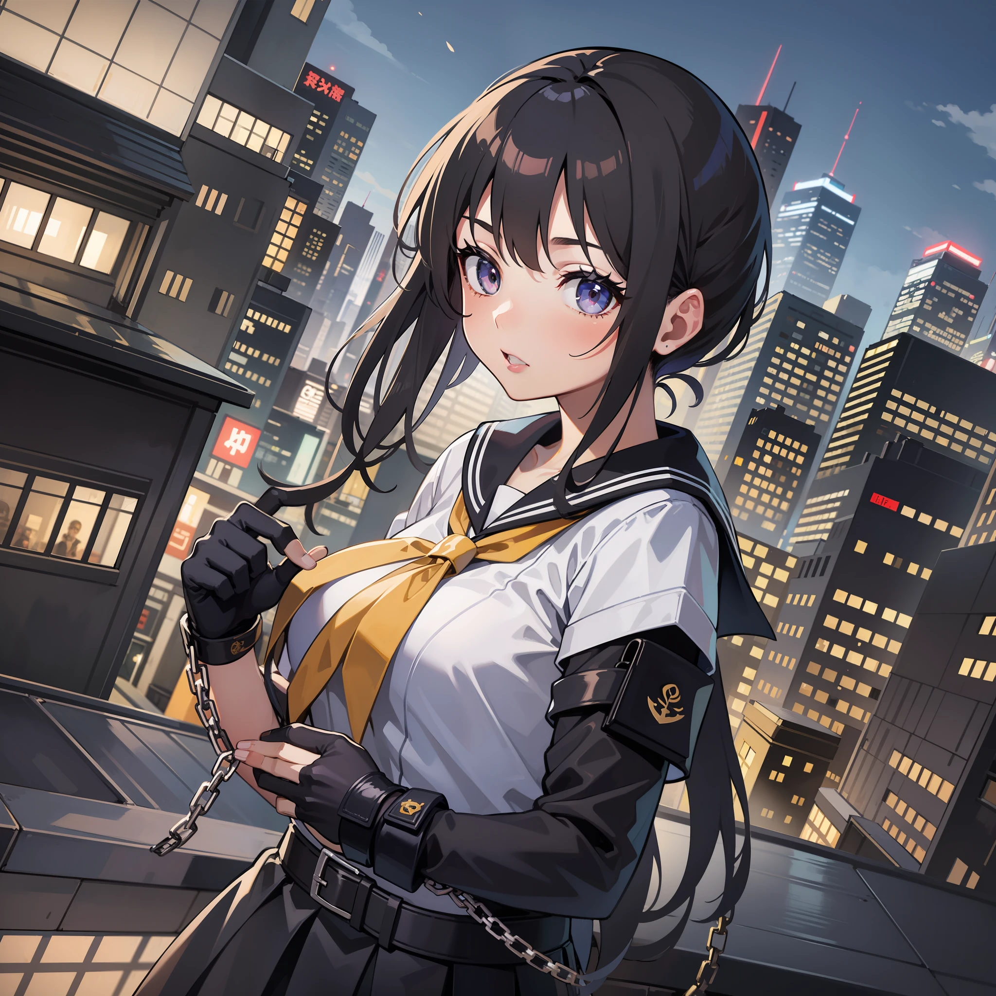 A schoolgirl、Backroom business、bounty hunter、Survival knife、Shibuya、ninjas、sailorsuit、chain mail、Open Finger Gloves、Ninja Sword、night scenery、On the rooftop