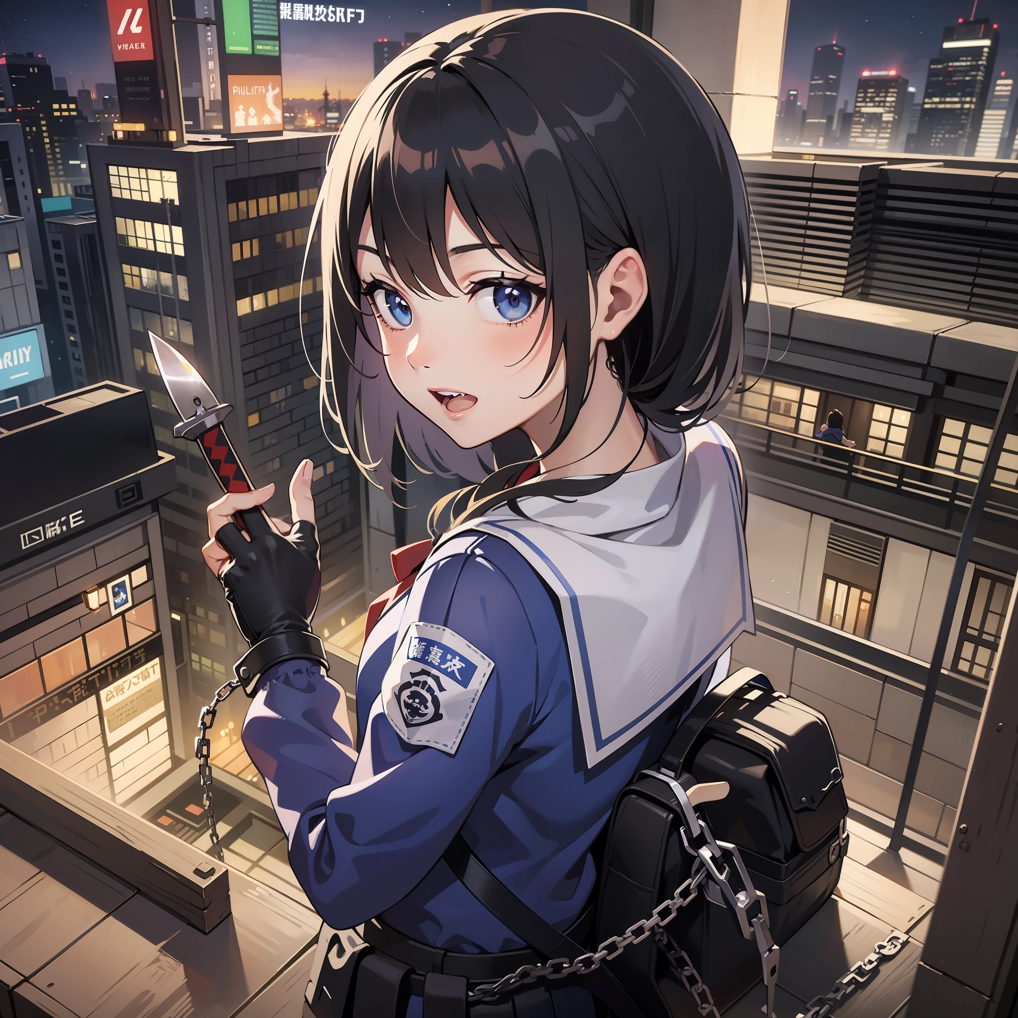 A schoolgirl、Backroom business、bounty hunter、Survival knife、Shibuya、ninjas、sailorsuit、chain mail、Open Finger Gloves、Ninja Sword、night scenery、On the rooftop