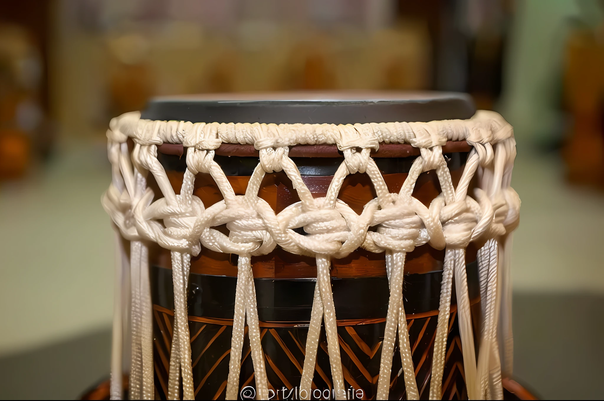 um close up de um tambor com uma corda ao redor, Macuahuitl, Macrame, Congas, Bongos, Shibari, Correias, Bongos reais, version 3, bateria, medium closeup, medium close - up, Congas reais, tradicional, rope bondage, Close up de Iwakura Lain